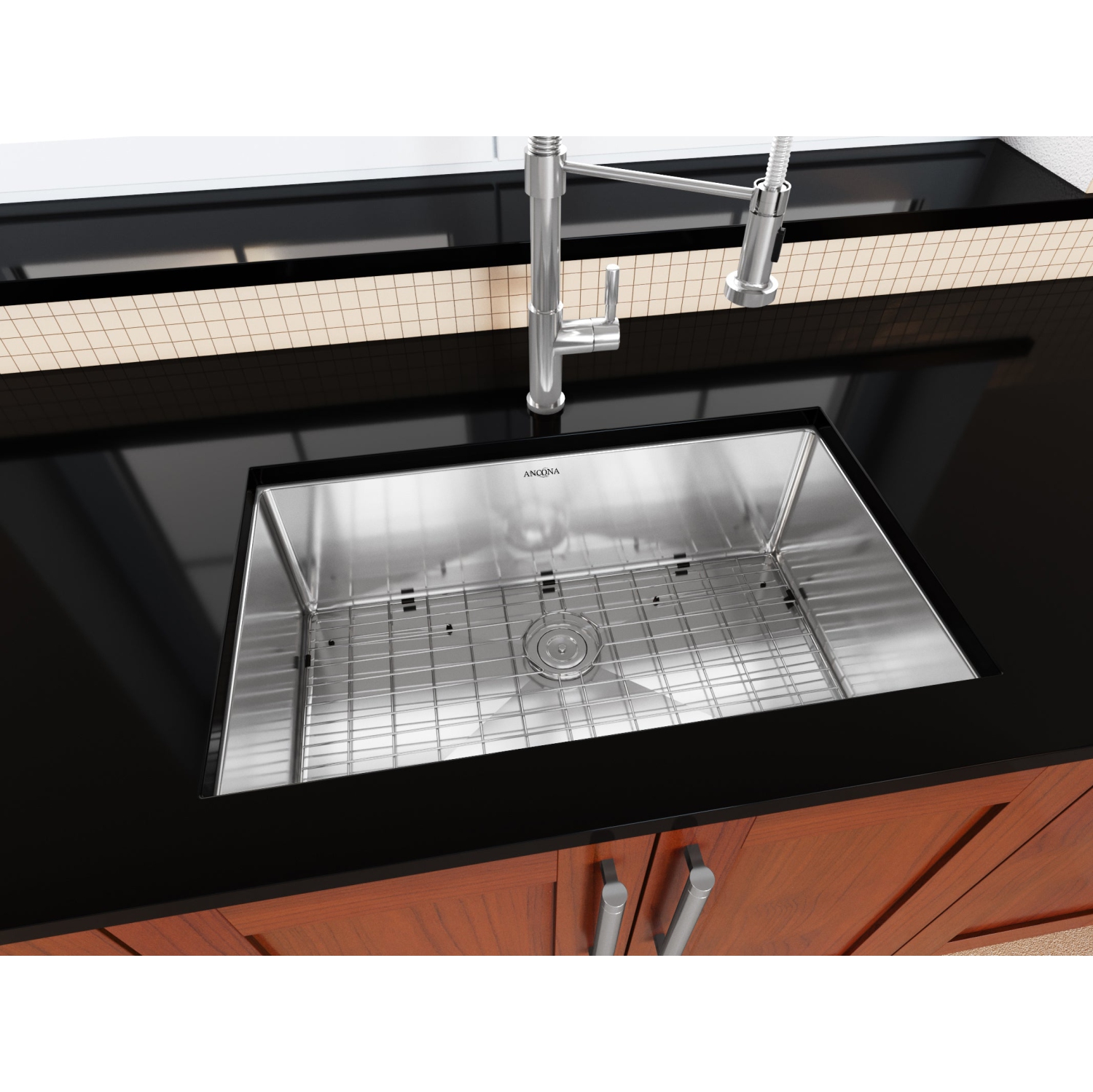 Ancona Prestige Series Undermount 30" Single Bowl Kitchen Sink with Grid and Strainer in Stainless Steel