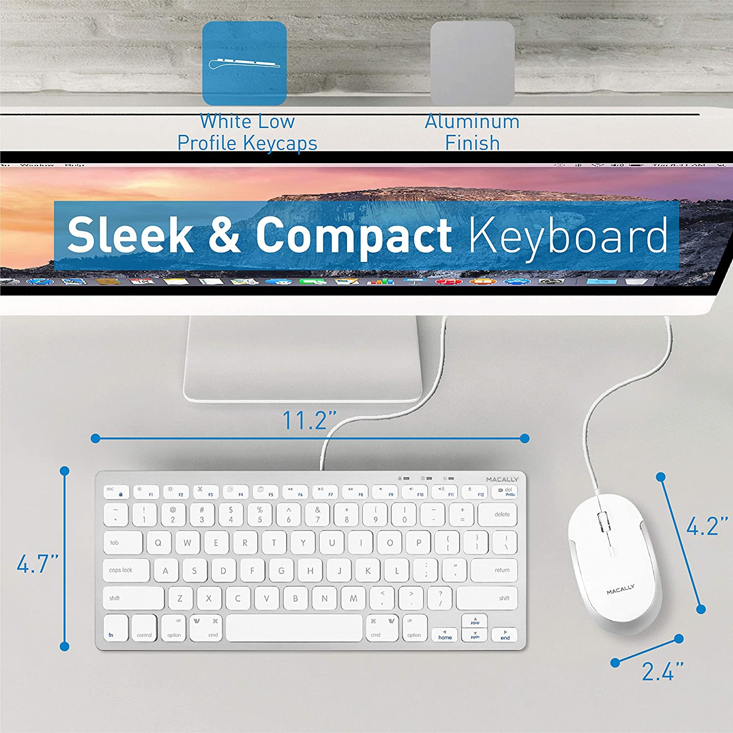 Macally Mini Keyboard and Mouse Combo for Mac and PC - Save Space and Enhance Workflow - Aluminum Compact Keyboard with 78 Slim Keys and Silent Mouse
