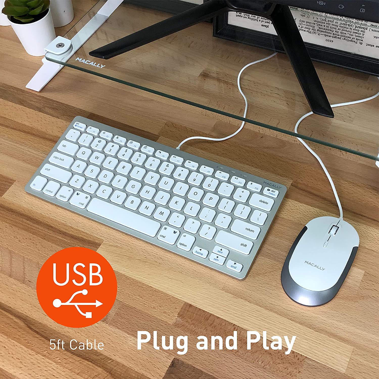 Macally Mini Keyboard and Mouse Combo for Mac and PC - Save Space and Enhance Workflow - Aluminum Compact Keyboard with 78 Slim Keys and Silent Mouse