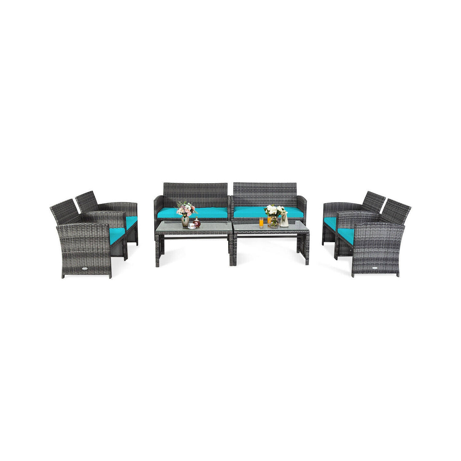 8PC Ensemble de mobilier de patio en rotin Canapé Fauteuil Table basse en verre et coussin Costway