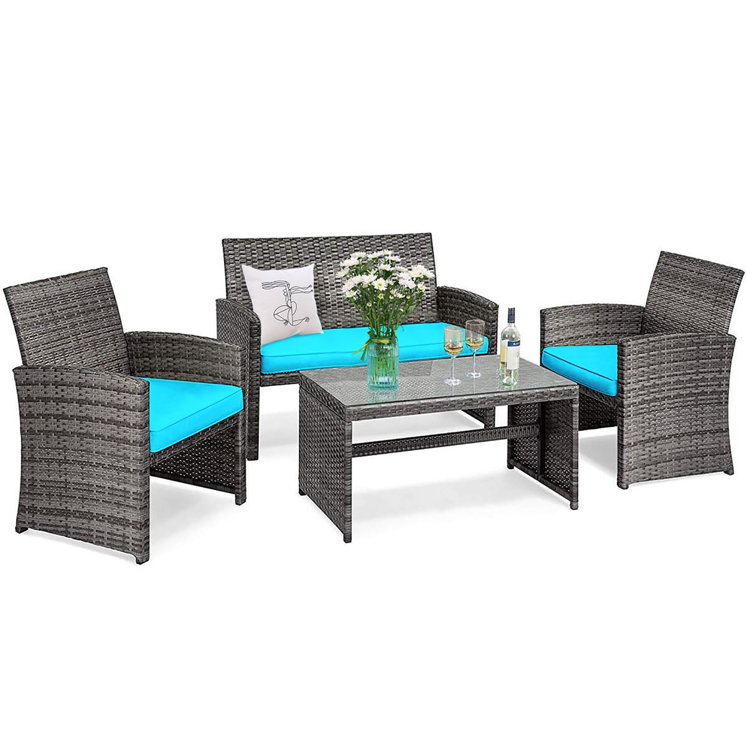 8PC Ensemble de mobilier de patio en rotin Canapé Fauteuil Table basse en verre et coussin Costway