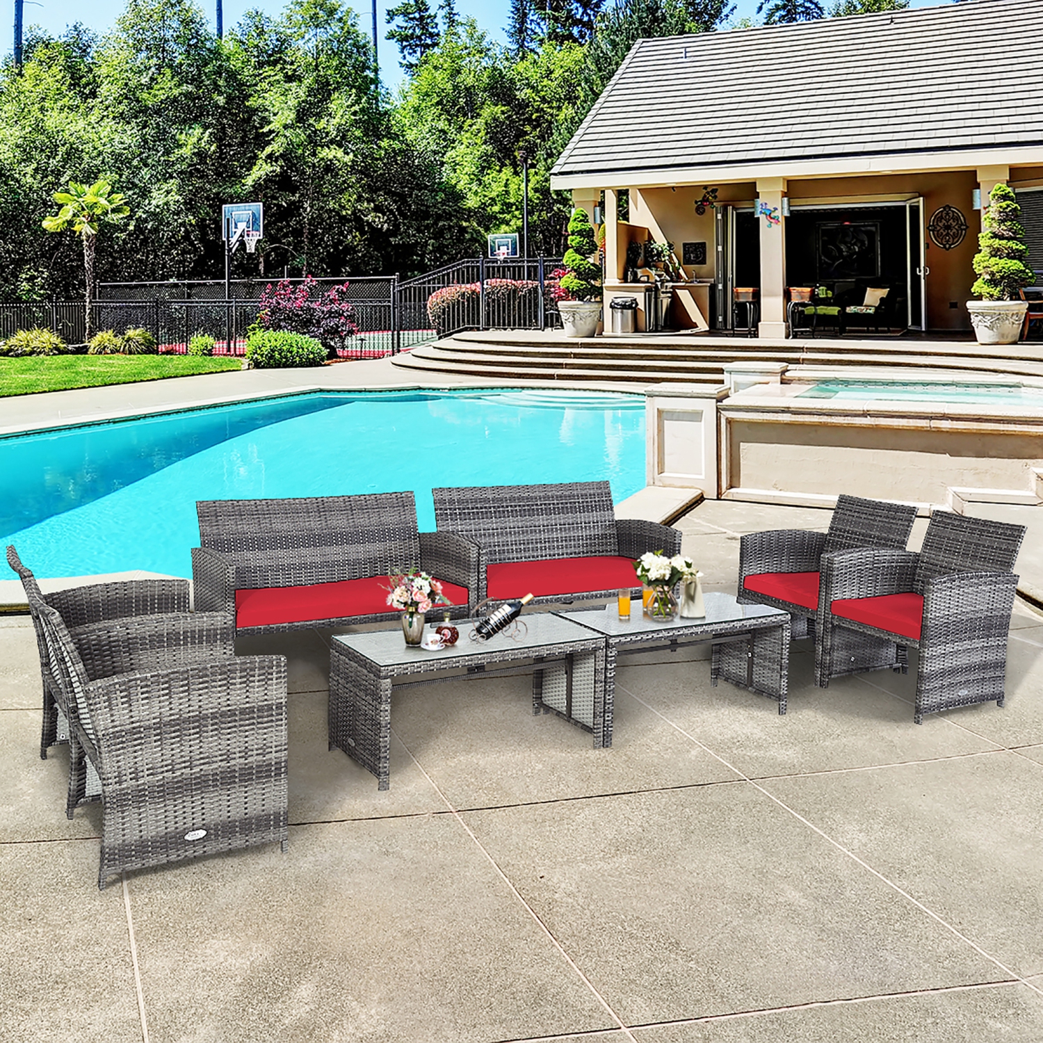 Costway 8PCS Patio Rattan Furniture Set Glass Table Top Cushioned Sofa Red