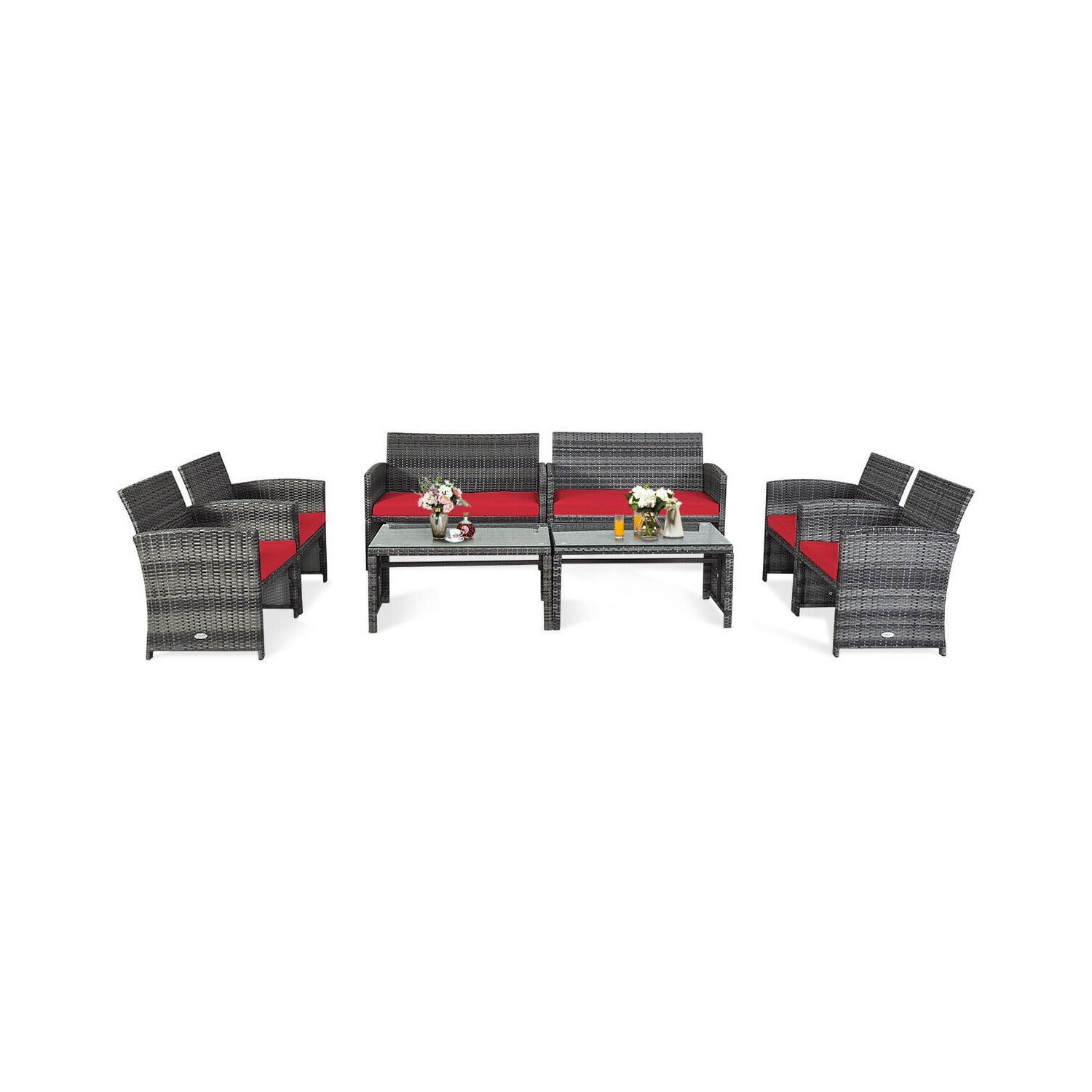 Costway 8PCS Patio Rattan Furniture Set Glass Table Top Cushioned Sofa Red