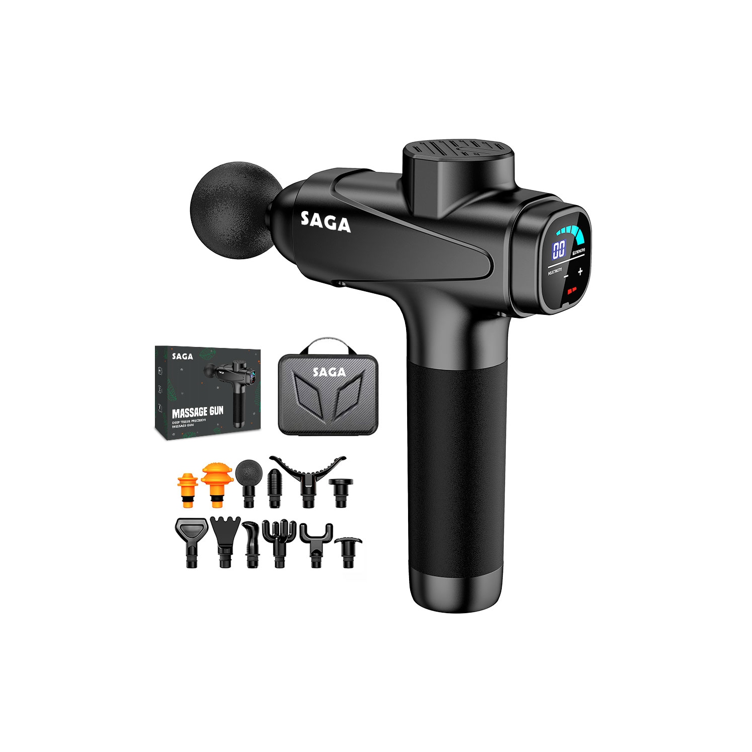 Saga Premium Deep Tissue Massage Gun – 30 Speed Levels, Touchscreen, Extra Quiet & Powerful, Leather Carry Case, Gift-Ready Packaging