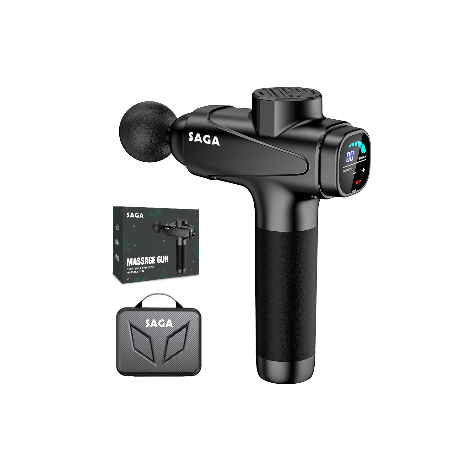 Saga Premium Deep Tissue Massage Gun – 30 Speed Levels, Touchscreen, Extra Quiet & Powerful, Leather Carry Case, Gift-Ready Packaging