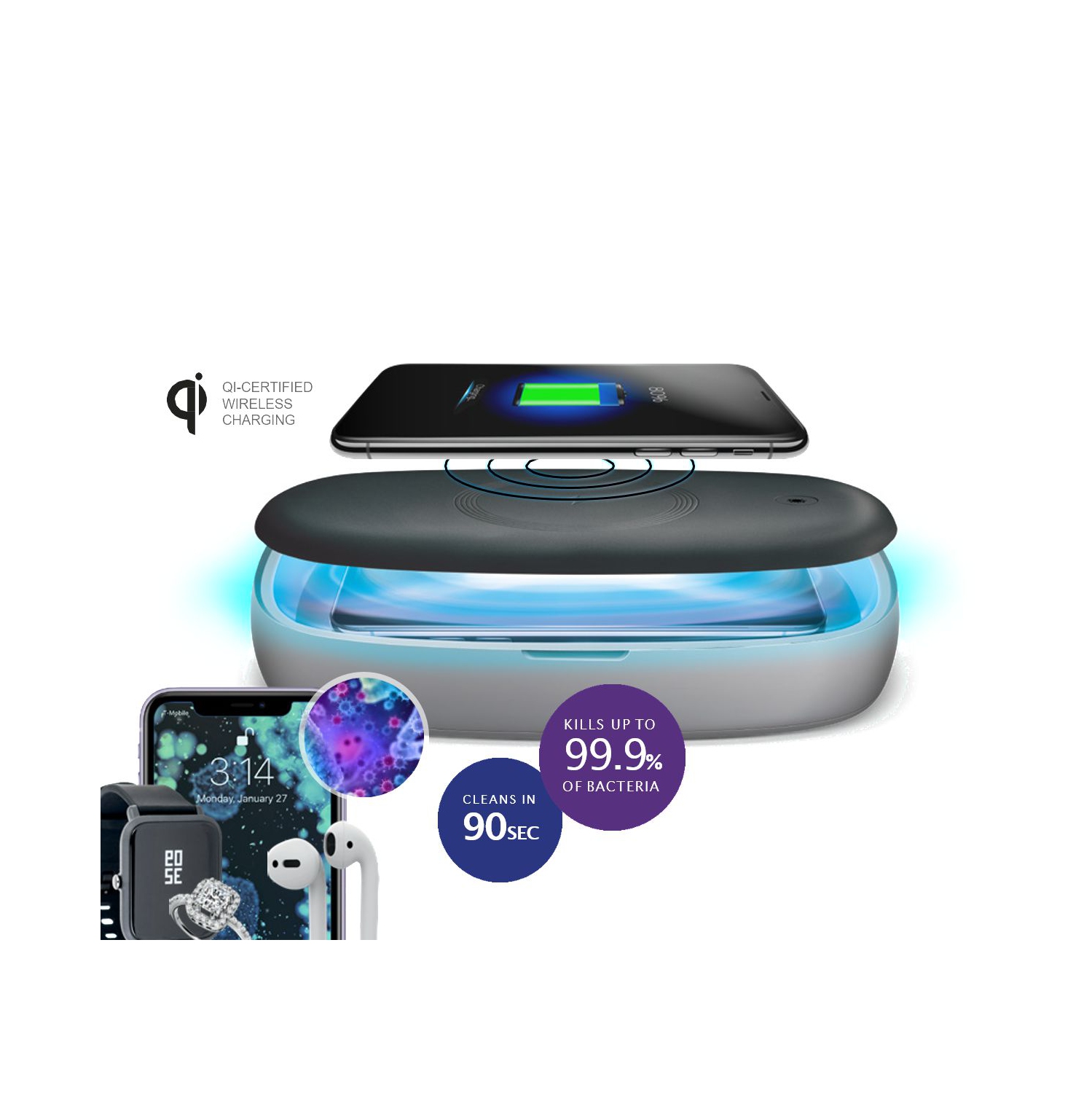 VieOli UV-C Light Sanitizing Qi-Certified Wireless Phone Charging Kit