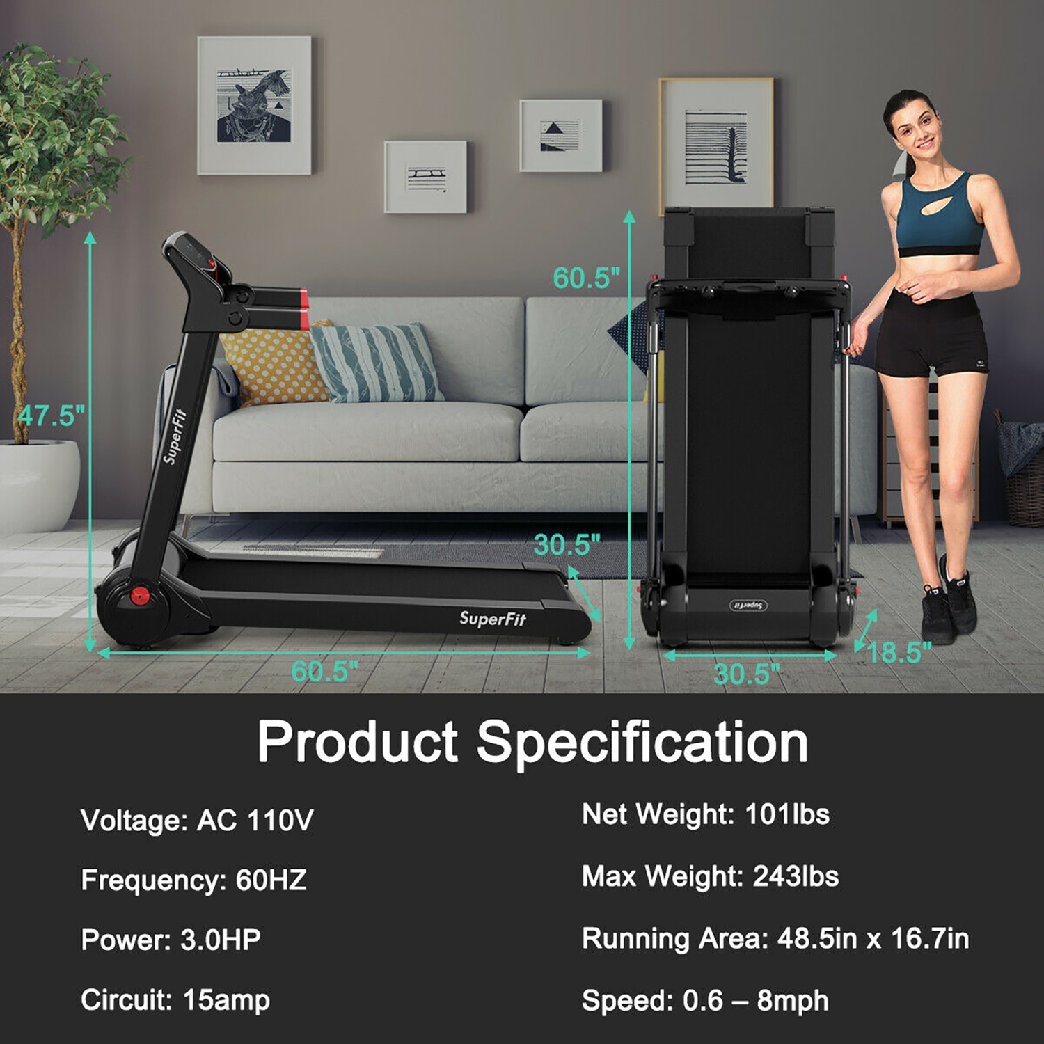 SuperFit 3HP Folding Electric Treadmill Running Machine w/ Bluetooth Speaker