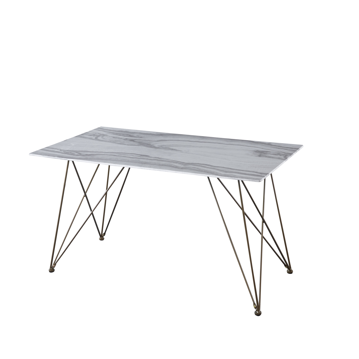 Railroad Style Rectangular 55 Inch Dining Table Marbled-Look Tempered Glass Faux Marble Dining Room Table With Gold finsh Metal legs, White/Gold