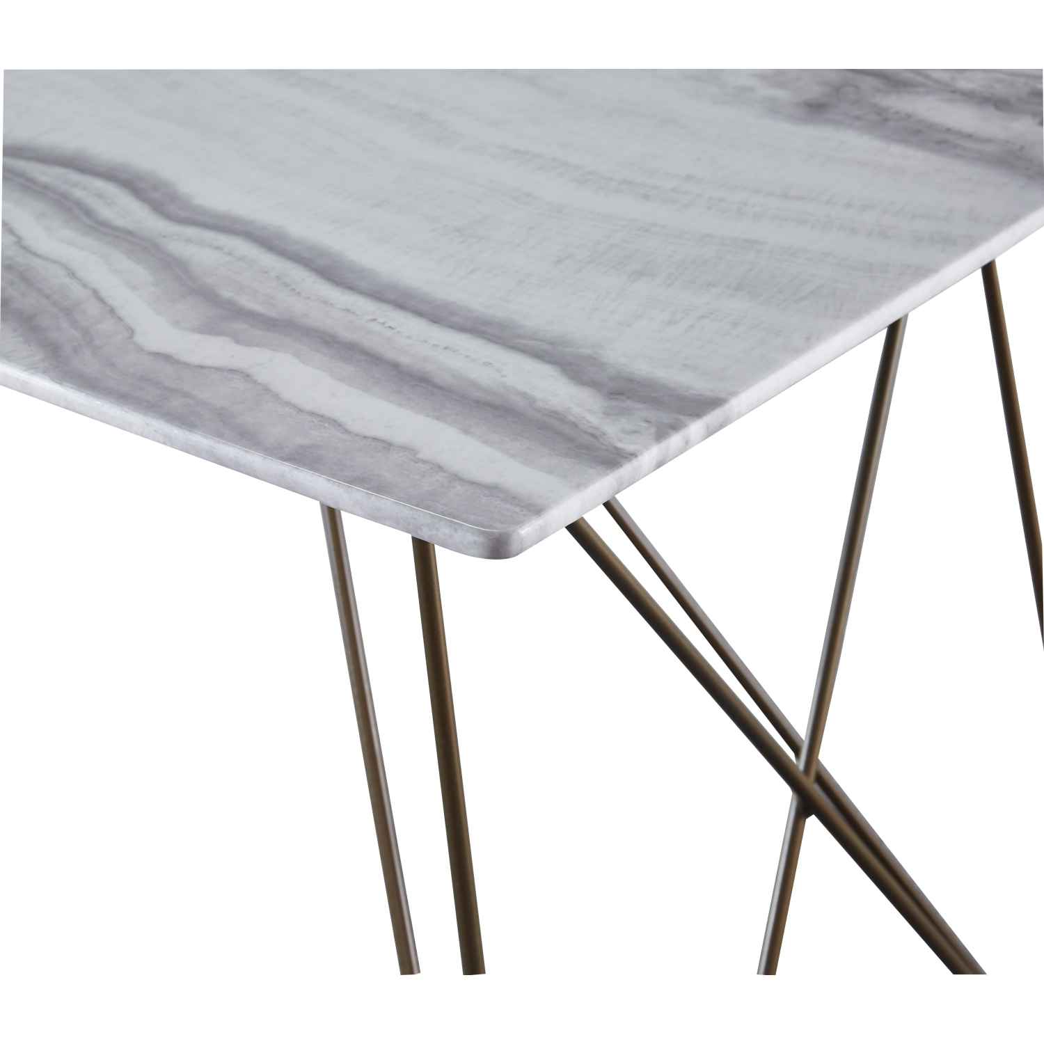 Railroad Style Rectangular 55 Inch Dining Table Marbled-Look Tempered Glass Faux Marble Dining Room Table With Gold finsh Metal legs, White/Gold