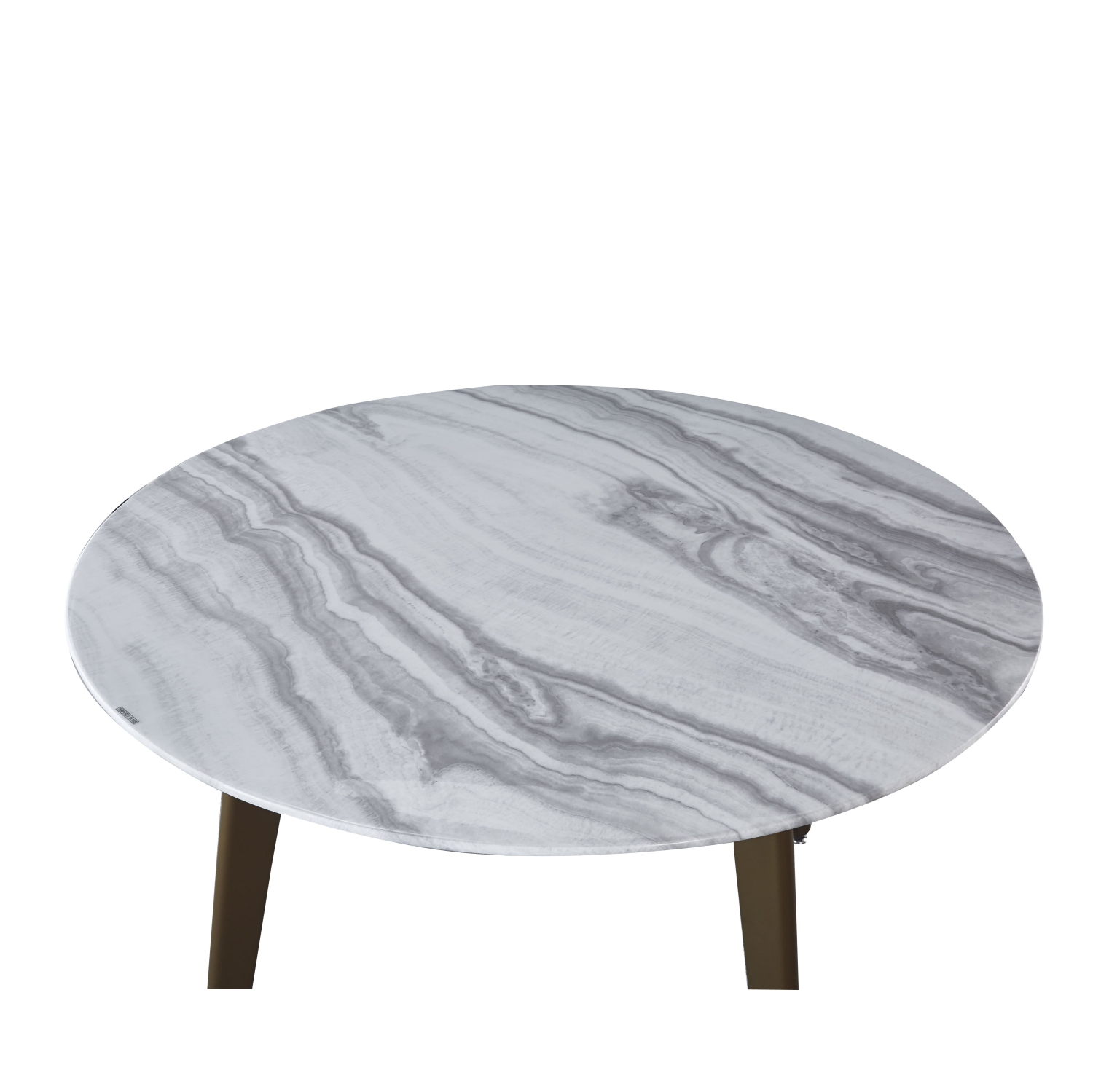 Contemporary Style Round 47 inch Dining Table Marbled-Look Tempered Glass Faux Marble Dining Room Table With Gold finsh Metal legs, White/Gold
