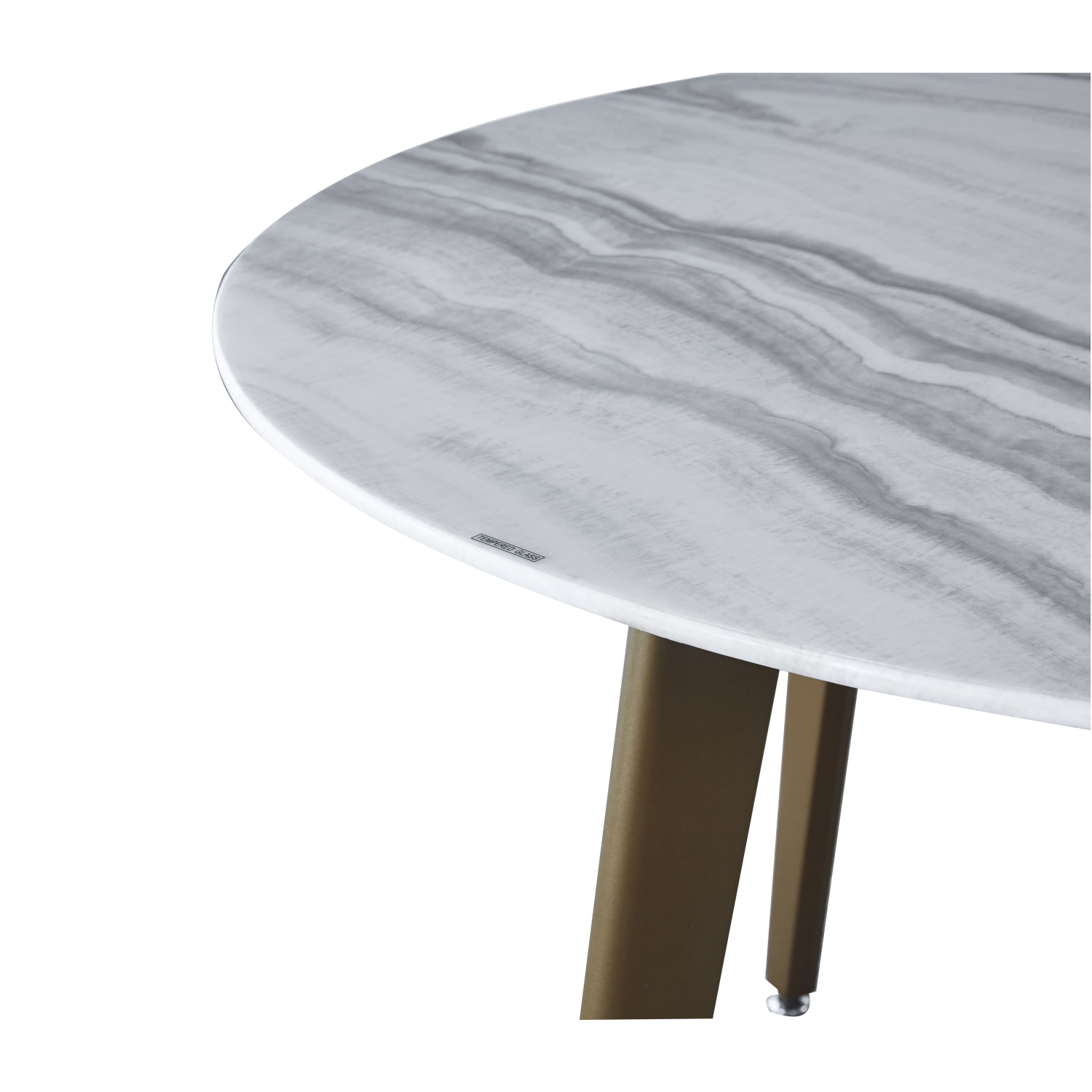 Contemporary Style Round 47 inch Dining Table Marbled-Look Tempered Glass Faux Marble Dining Room Table With Gold finsh Metal legs, White/Gold