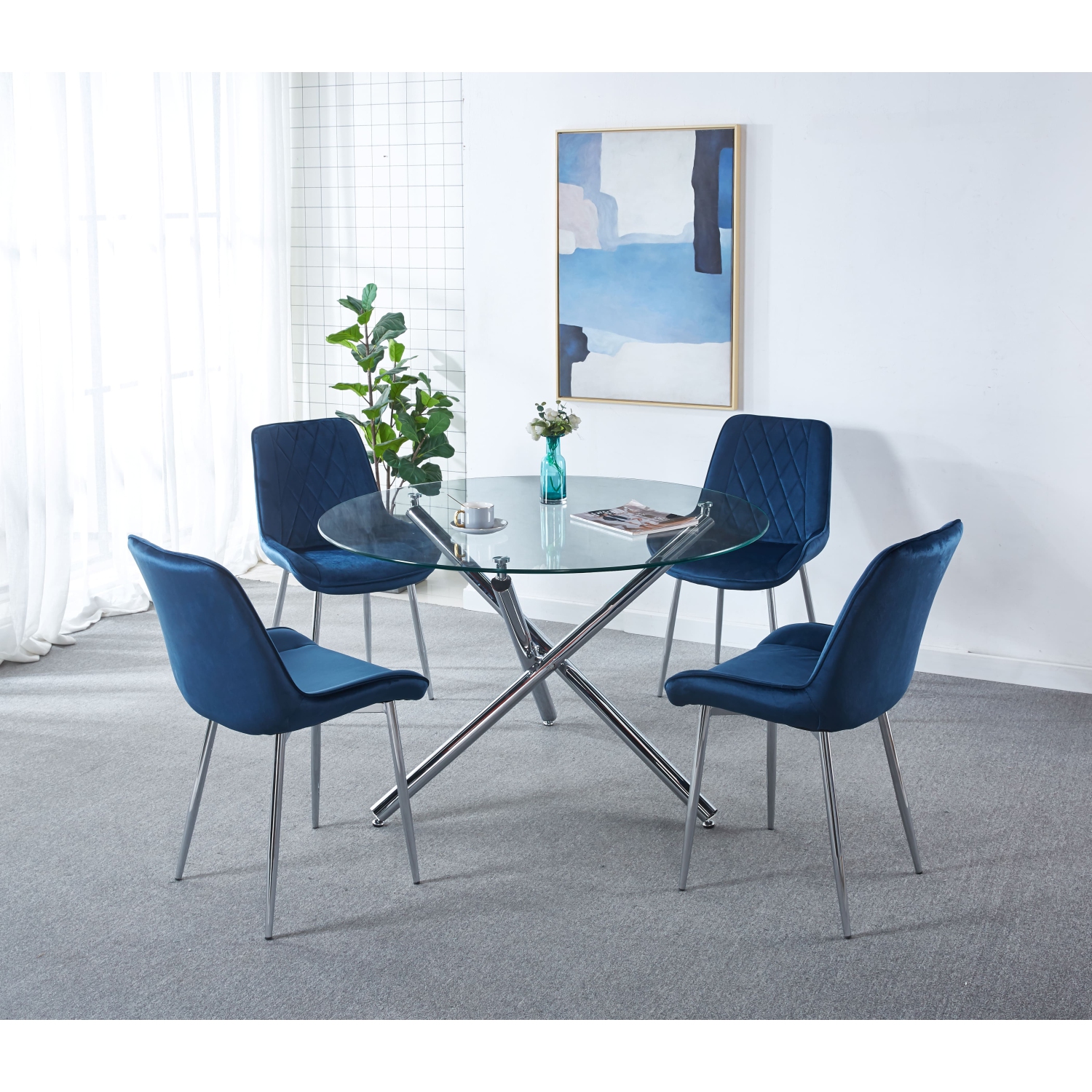 Contemporary Style Round 47 inch Dining Table Transparent Glass Dining Room Table With Chrome finsh Metal legs, Glass/Chrome