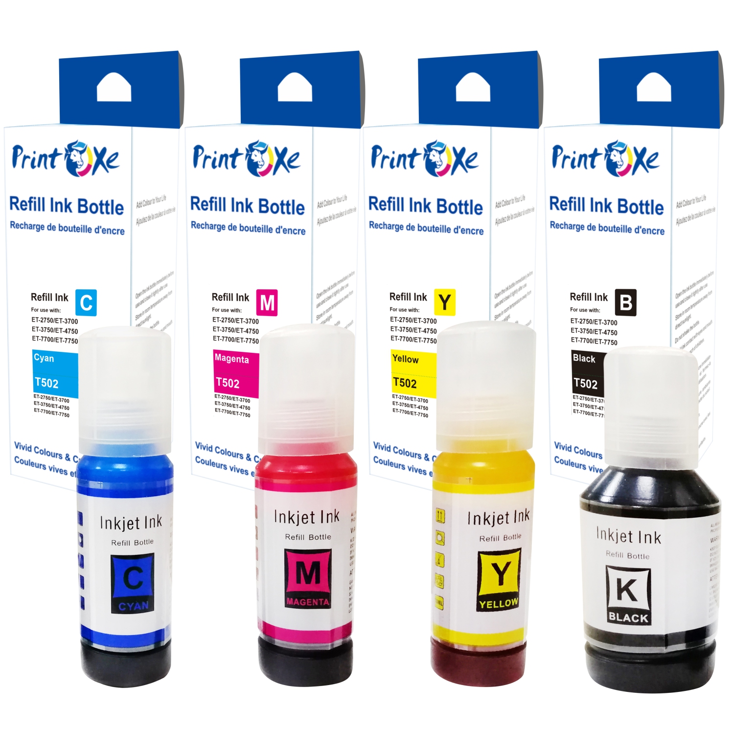 PRINTOXE® T502 Compatible Ink Refill Bottles Set 502 of 4 Colours T502120 (Pigment) T502220 T502320 T502420 For Epson EcoTank Expression