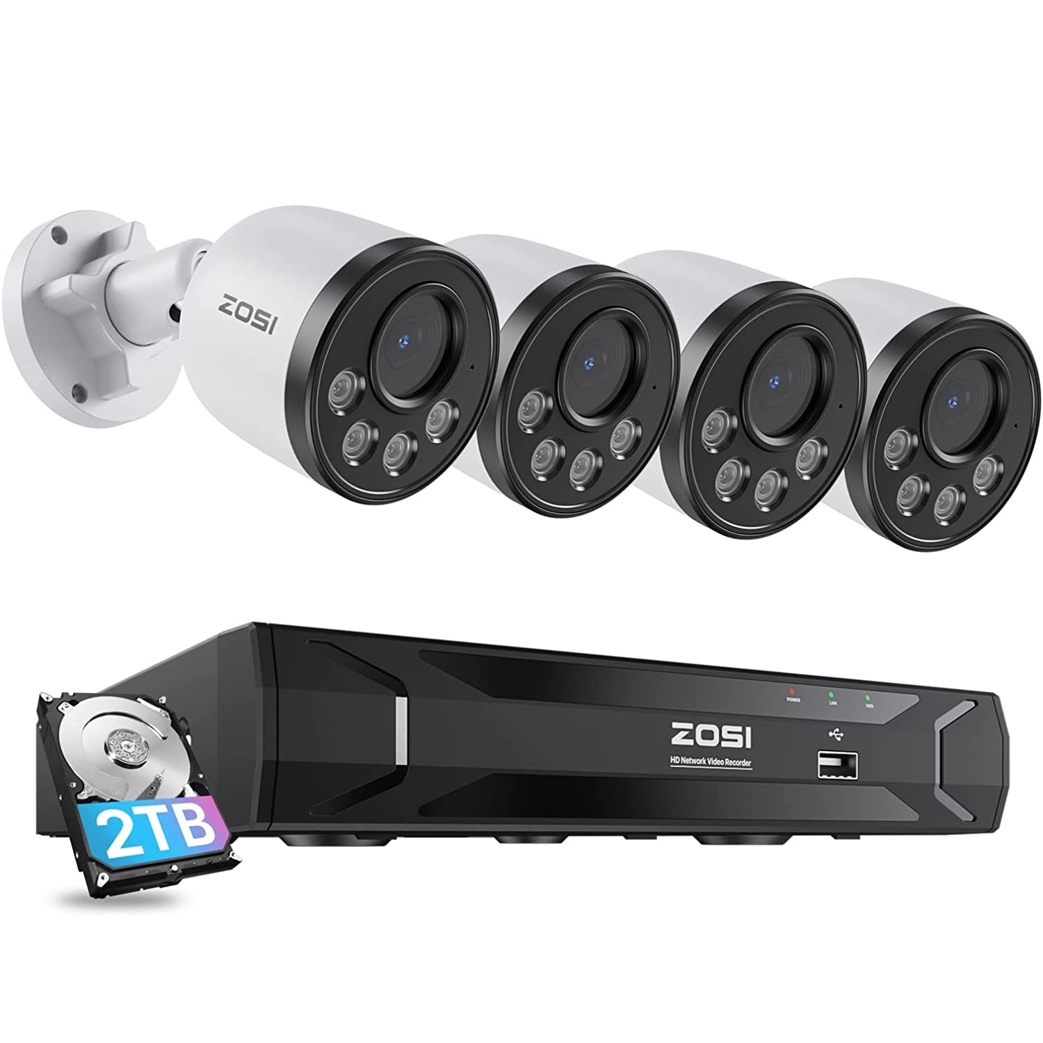 ZOSI H.265+ 8CH 5MP PoE NVR Home Security Camera System with 2TB HDD, 4Pcs 4MP Wired PoE IP Surveillance Cameras Outdoor with 100ft Night Vision,