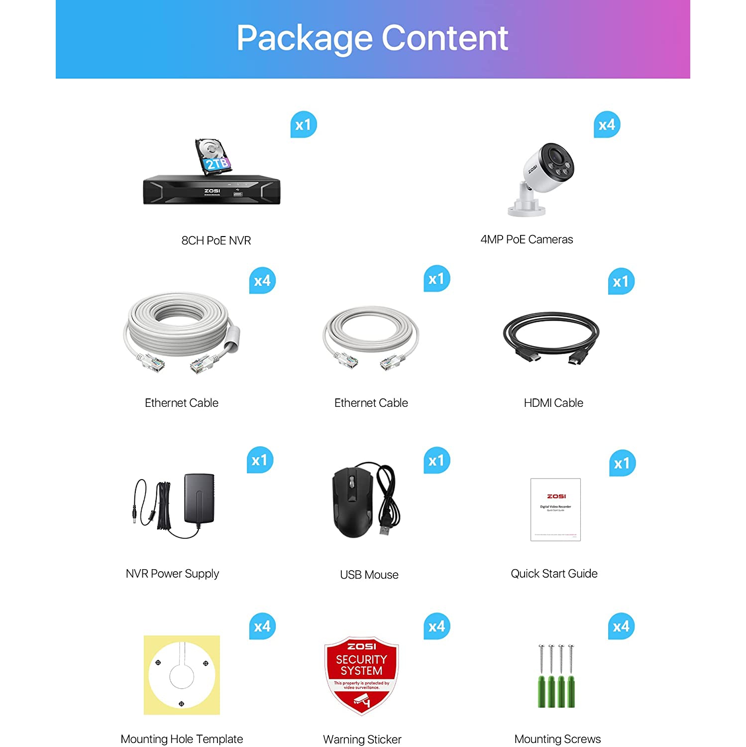 ZOSI H.265+ 8CH 5MP PoE NVR Home Security Camera System with 2TB HDD, 4Pcs 4MP Wired PoE IP Surveillance Cameras Outdoor with 100ft Night Vision,