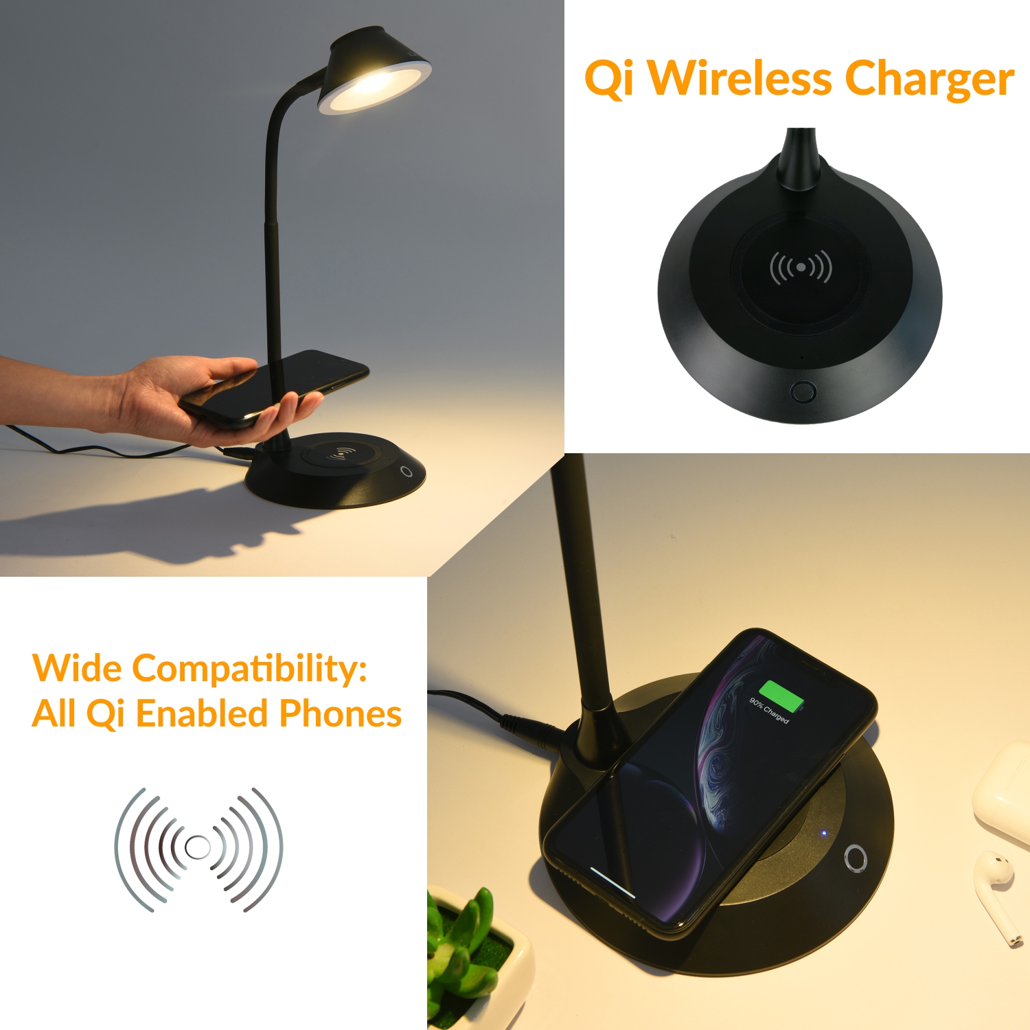 DAC – Lampe de bureau DEL avec chargeur sans fil, noir