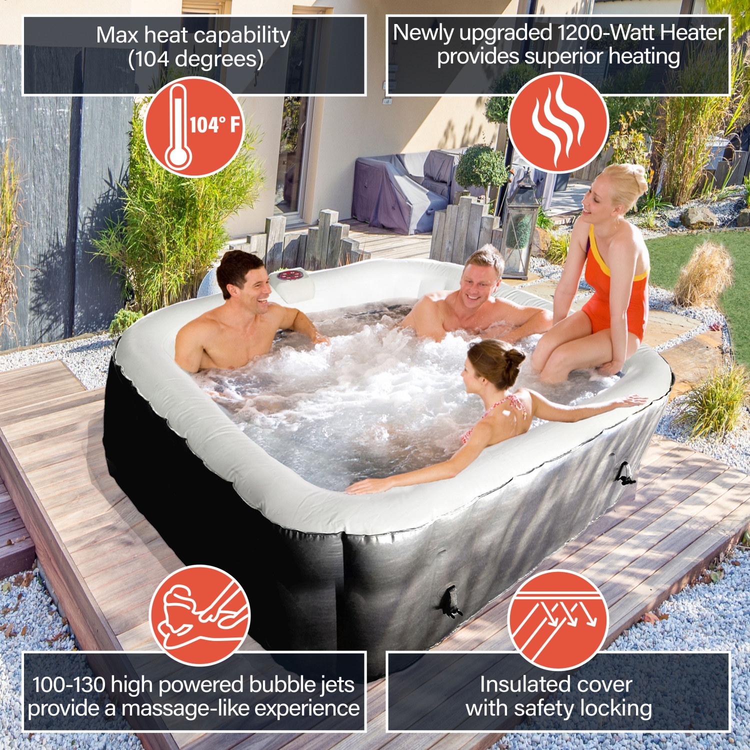 ALEKO HTISQ6GYBK Square Inflatable Jetted Hot Tub with Cover - 6 Person - 265 Gallon - Black