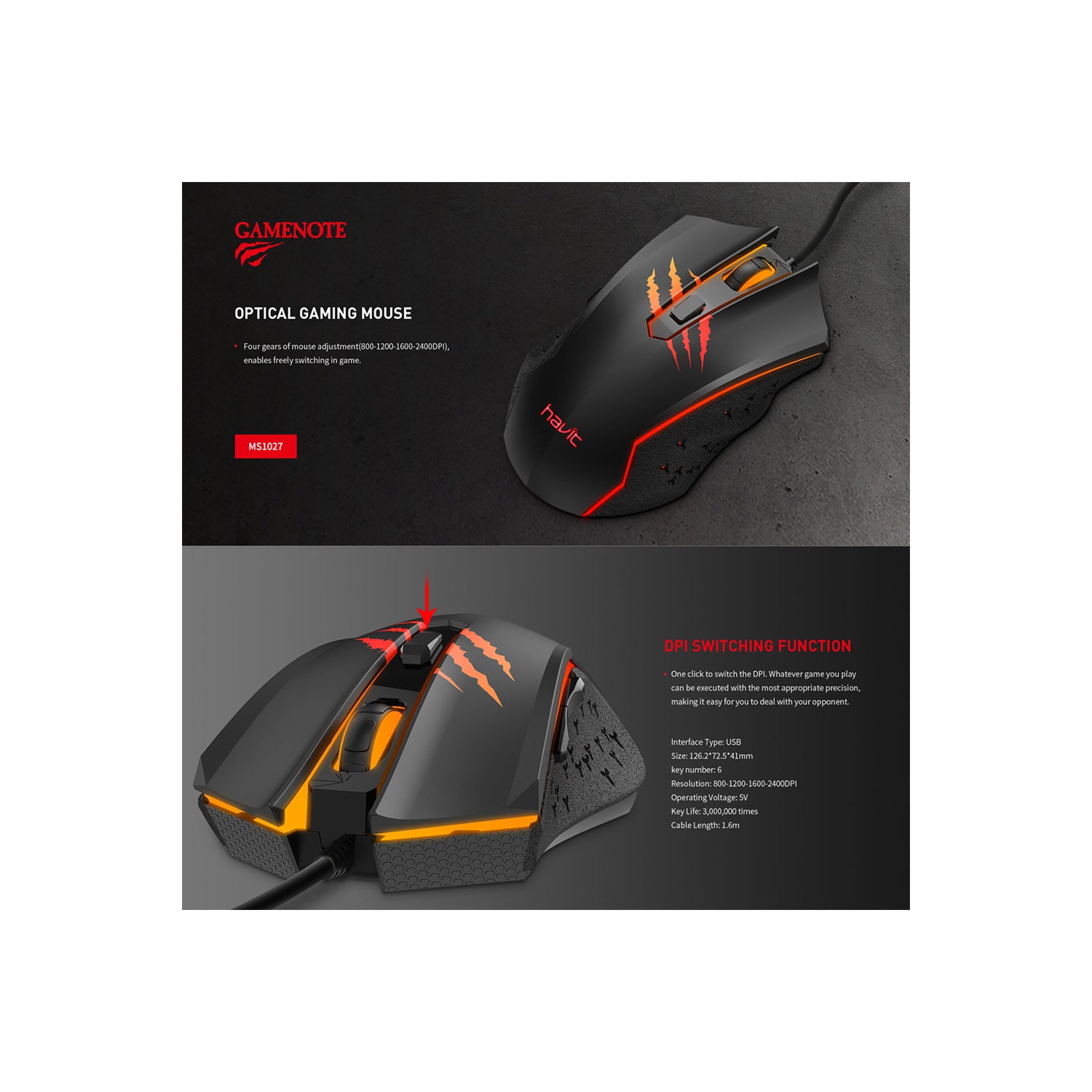 Havit USB2.0 wired 2400DPI with cool breathing Rainbow LED light design 6 buttons gaming mouse