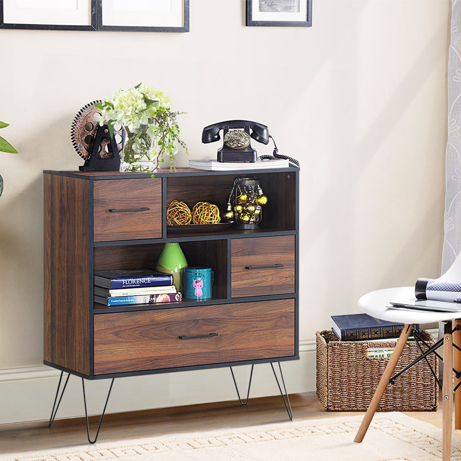 Costway Sideboard Storage Cabinet Multipurpose Display Unit w/Metal Leg & Drawers Walnut