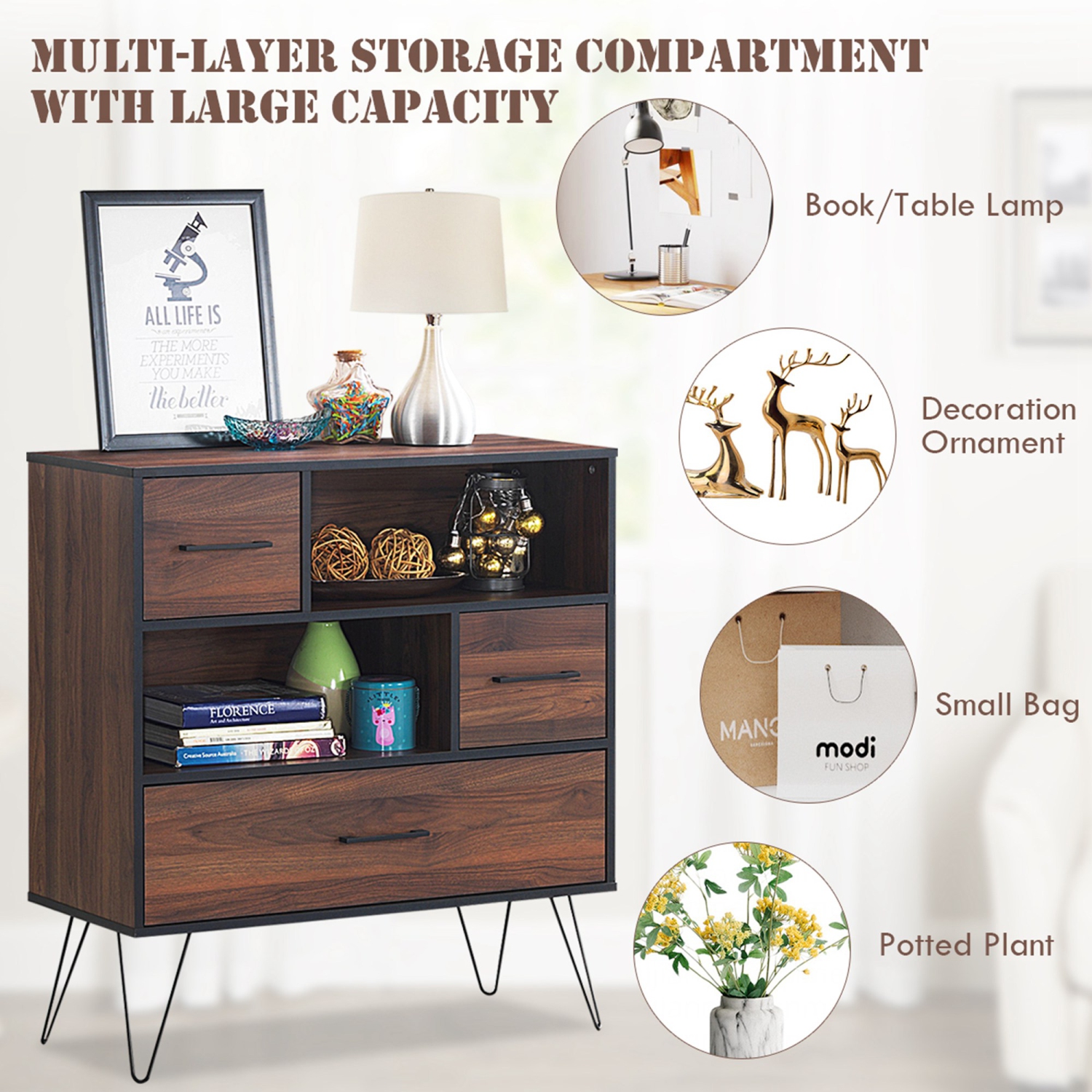 Costway Sideboard Storage Cabinet Multipurpose Display Unit w/Metal Leg & Drawers Walnut