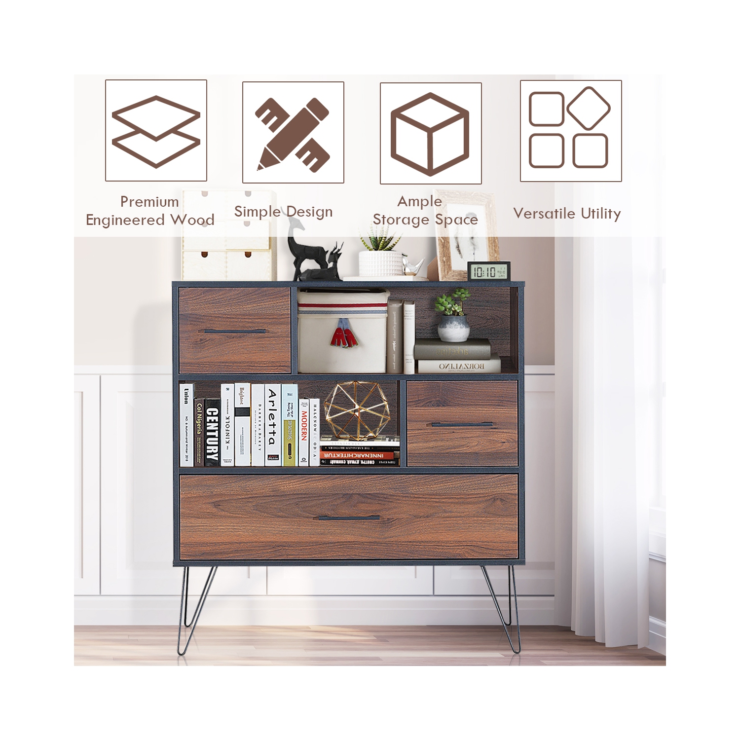 Costway Sideboard Storage Cabinet Multipurpose Display Unit w/Metal Leg & Drawers Walnut