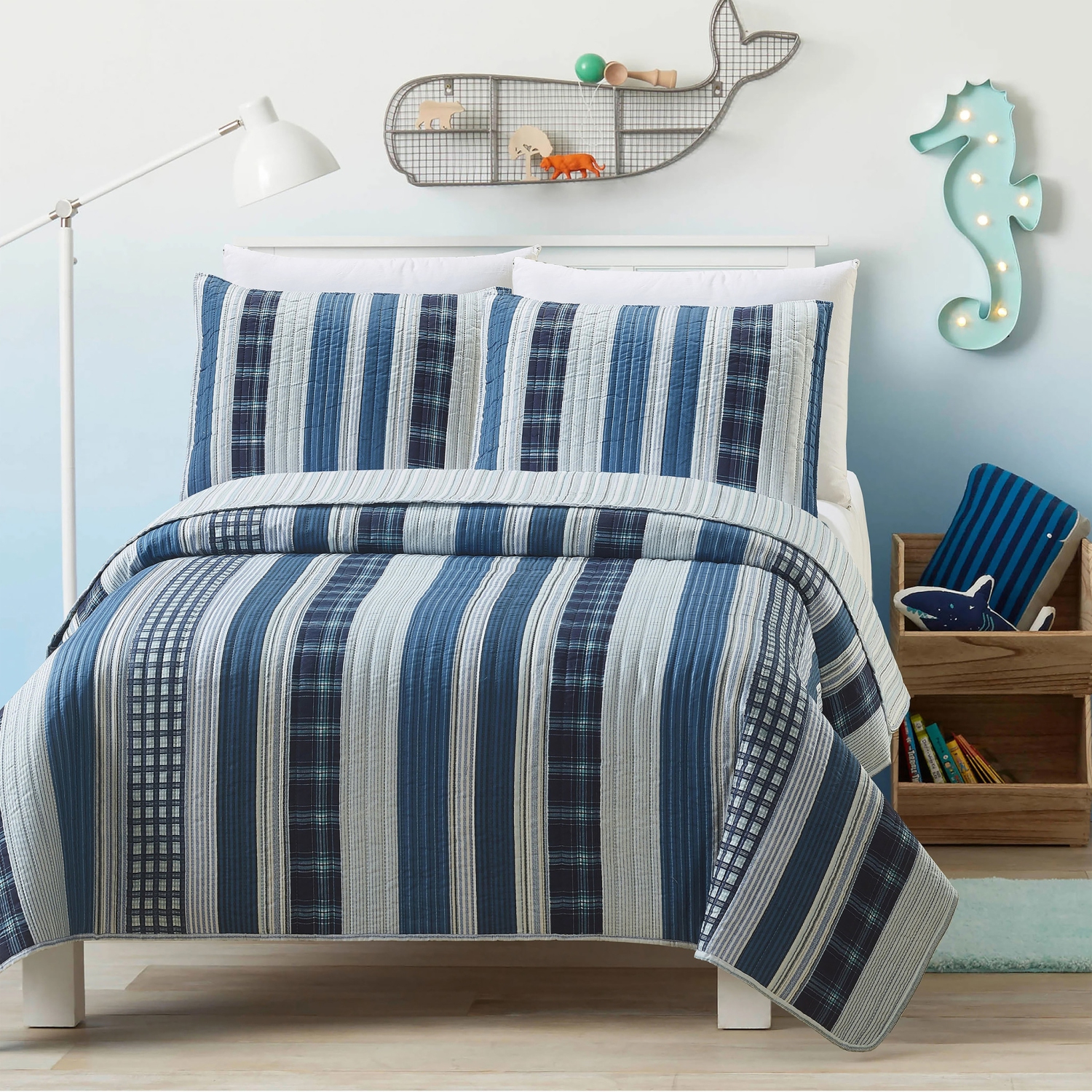 2 Piece Blue Stripe Patchwork Bedspread, Light and Soft Reversible 
