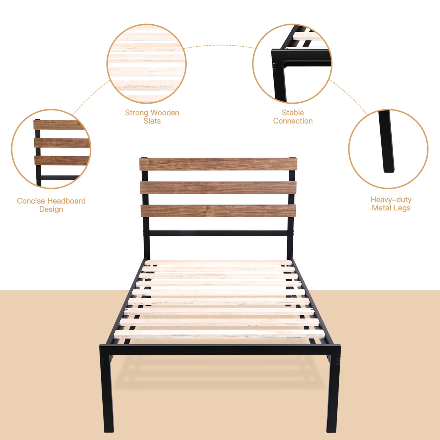 Costway Twin Size Metal Platform Bed Frame Mattress Foundation wooden Headboard