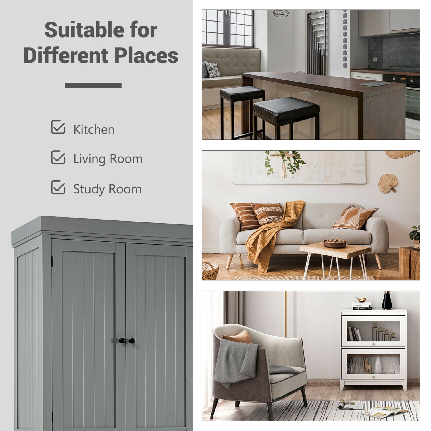 Gymax 72'' Kitchen Pantry Storage Cabinet Tall Freestanding Cupboard w/ 4 Doors Large Drawer Gray