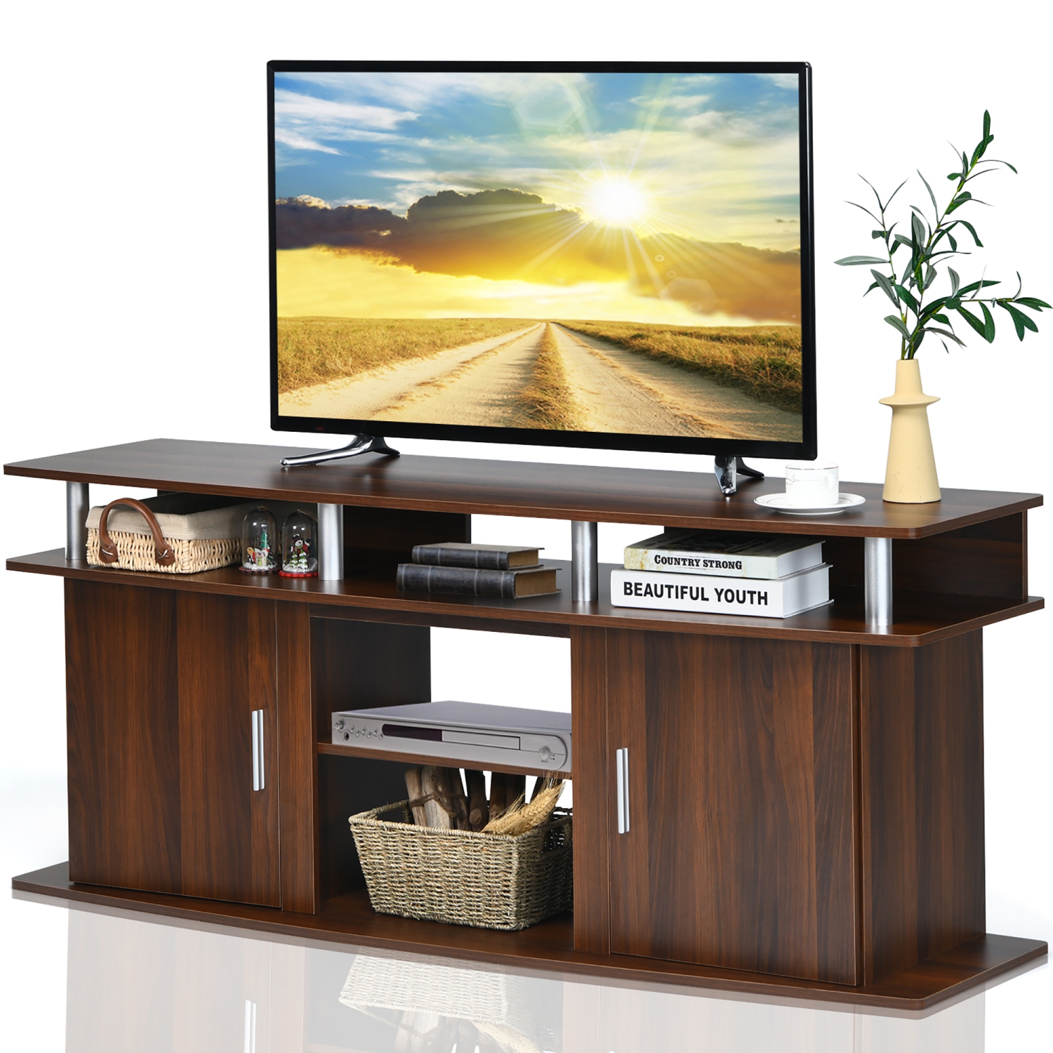 Costway 63''TV Stand Entertainment Console Center W/ 2 Cabinets Up to 70''Walnut