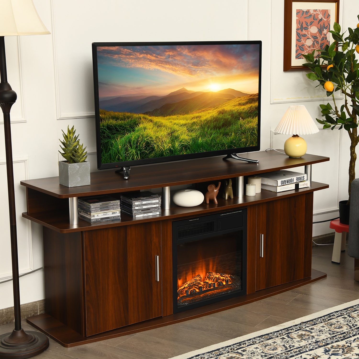 Costway 63''TV Stand Entertainment Console Center W/ 2 Cabinets Up to 70''Walnut