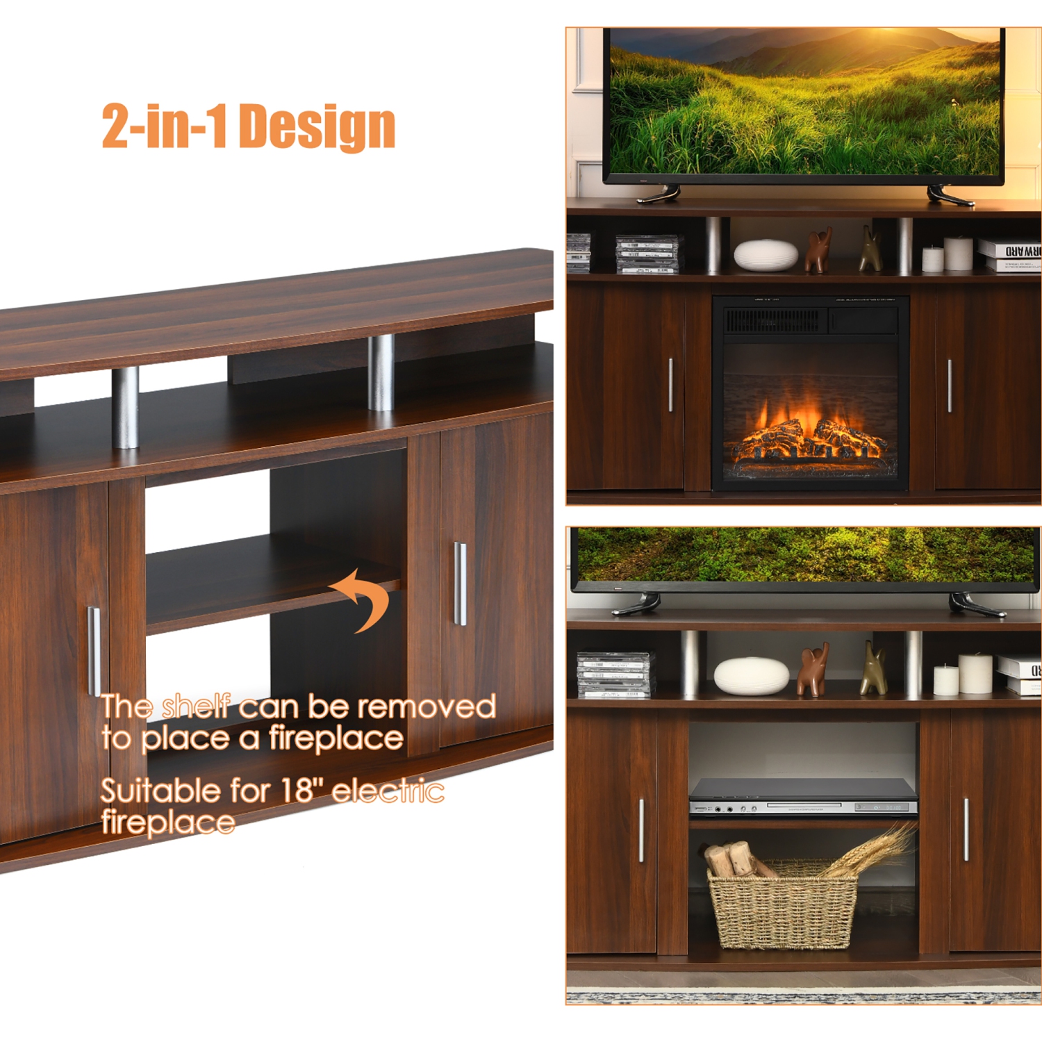 Costway 63''TV Stand Entertainment Console Center W/ 2 Cabinets Up to 70''Walnut