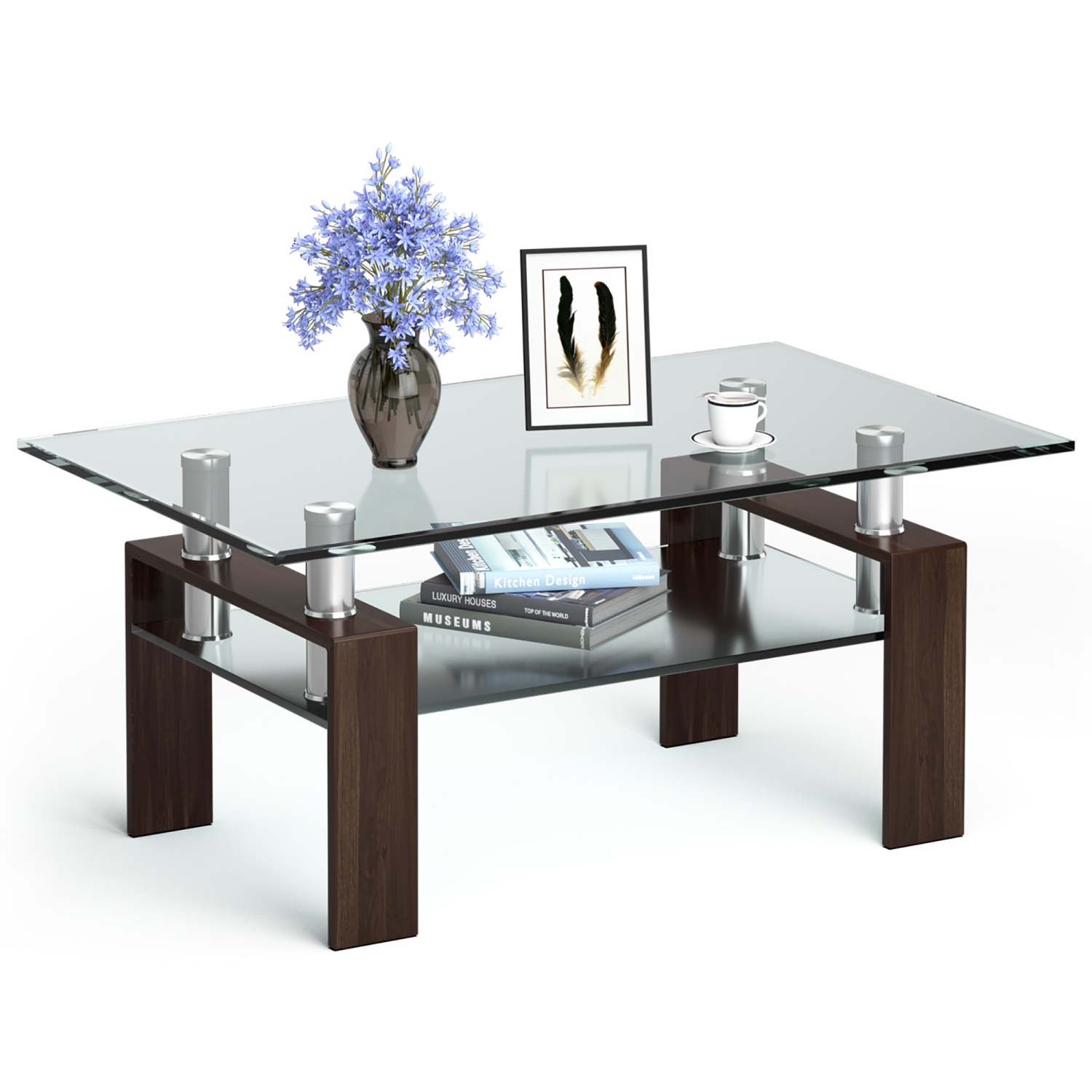 Costway Rectangle Glass Coffee Table Metal Legs End Table Livingroom