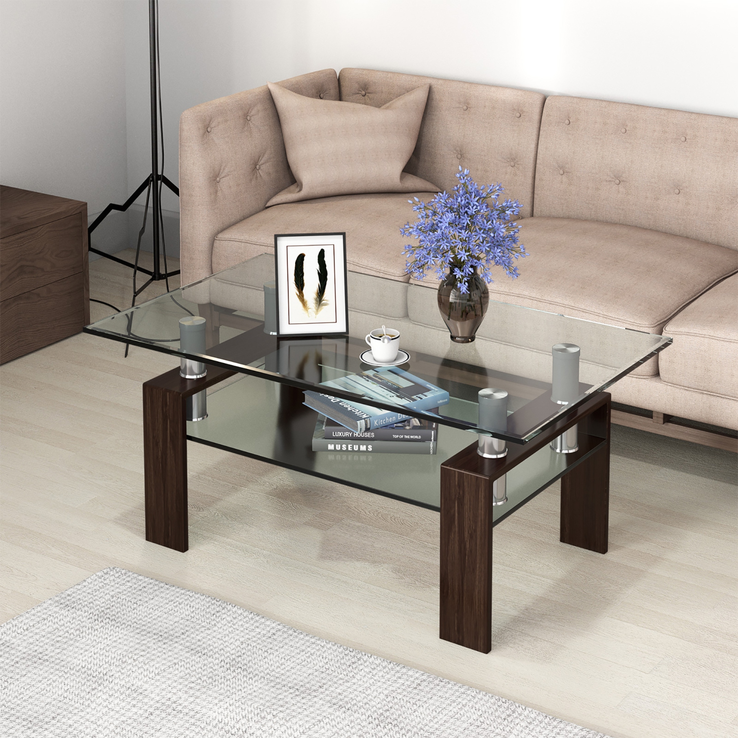 Costway Rectangle Glass Coffee Table Metal Legs End Table Livingroom