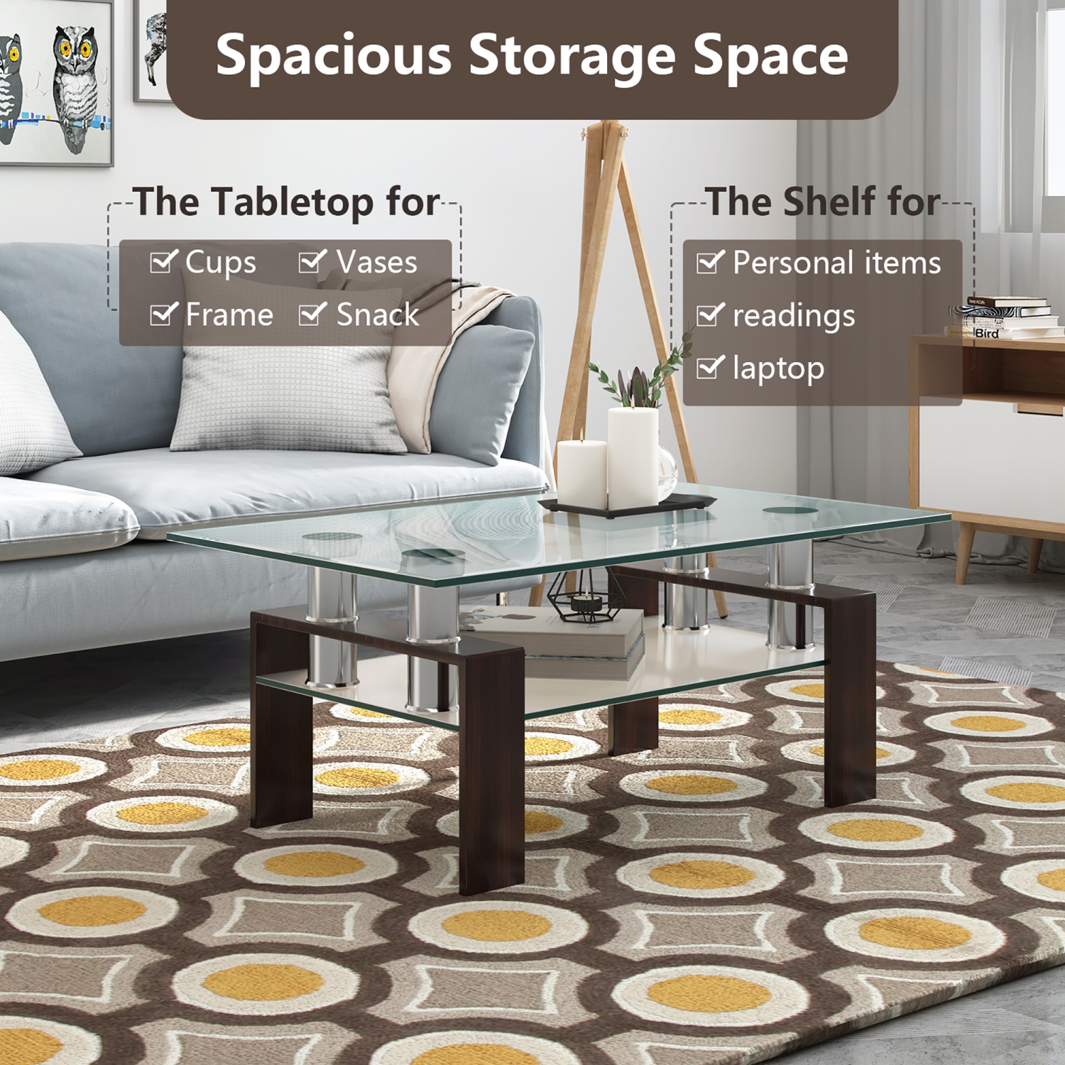 Costway Rectangle Glass Coffee Table Metal Legs End Table Livingroom