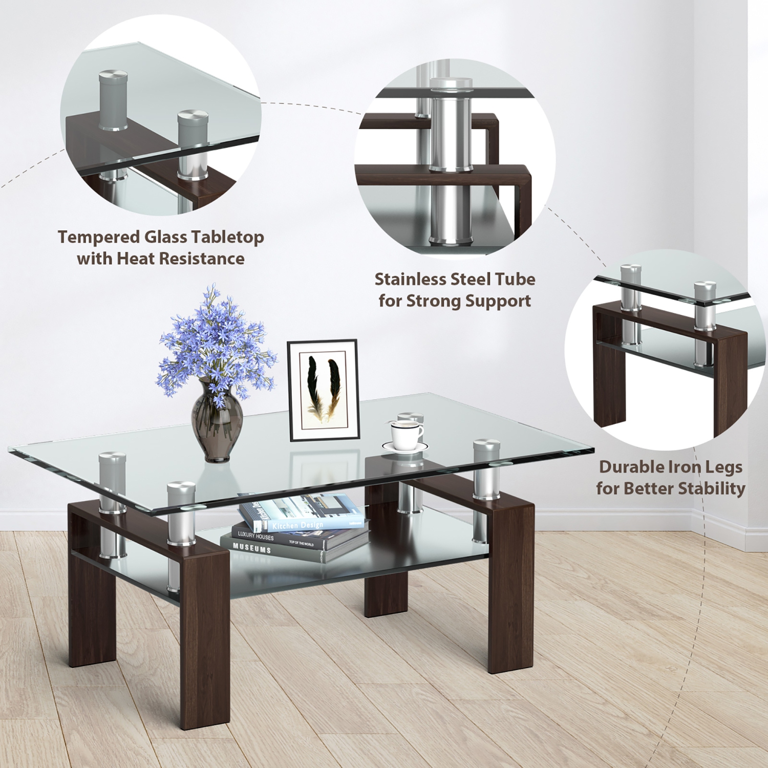 Costway Rectangle Glass Coffee Table Metal Legs End Table Livingroom