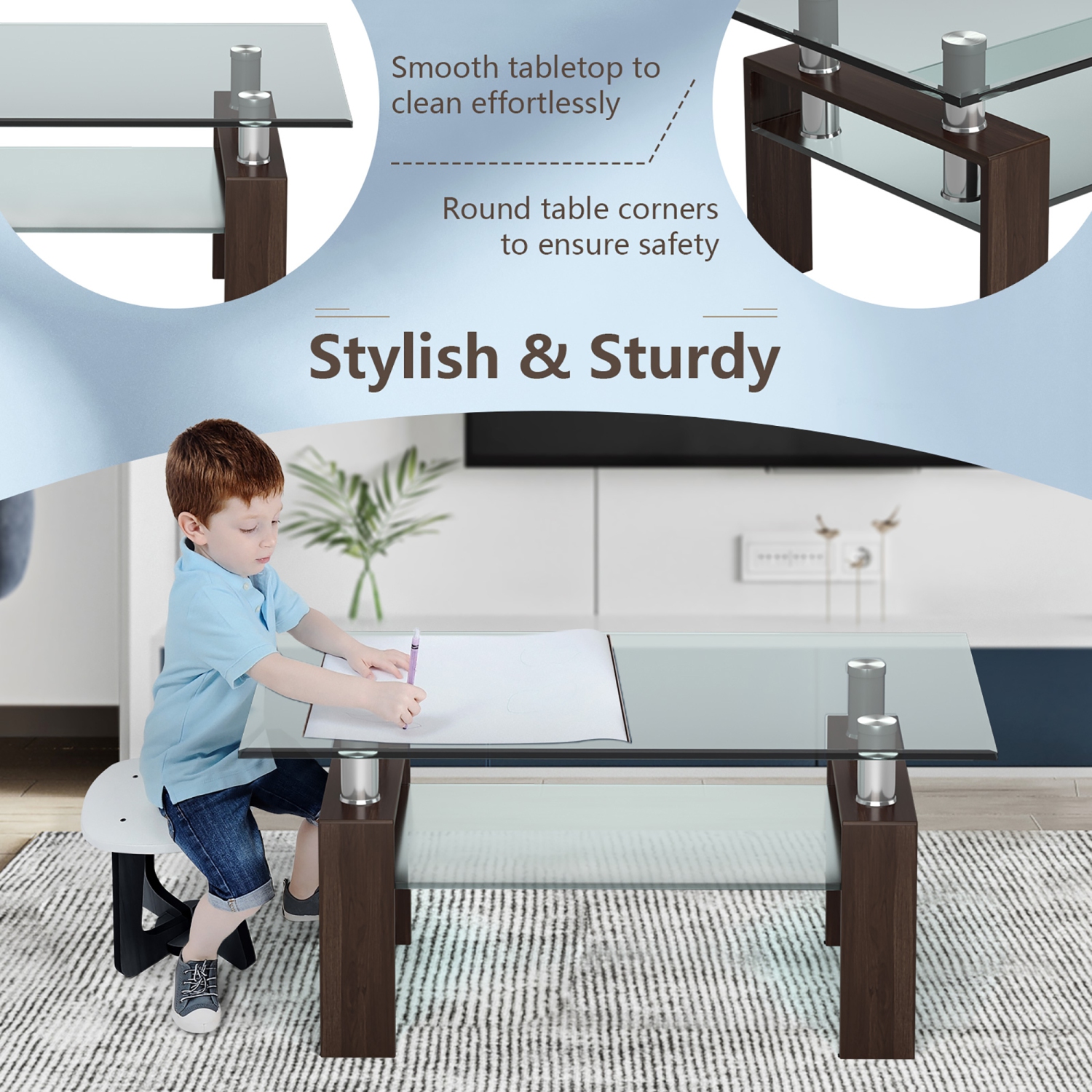 Costway Rectangle Glass Coffee Table Metal Legs End Table Livingroom