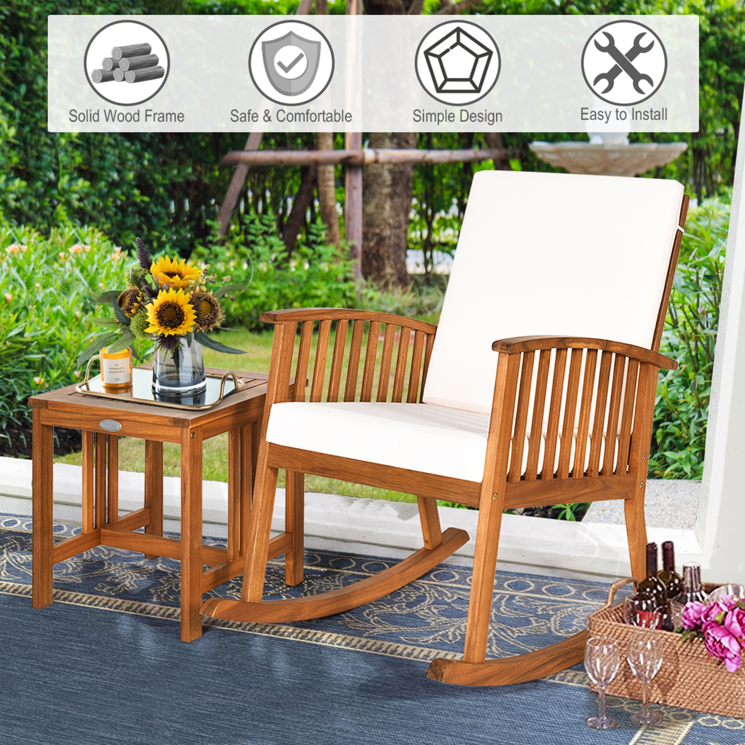 Costway 2PCS Acacia Wood Patio Rocking Chair Set Cushioned Coffee Table