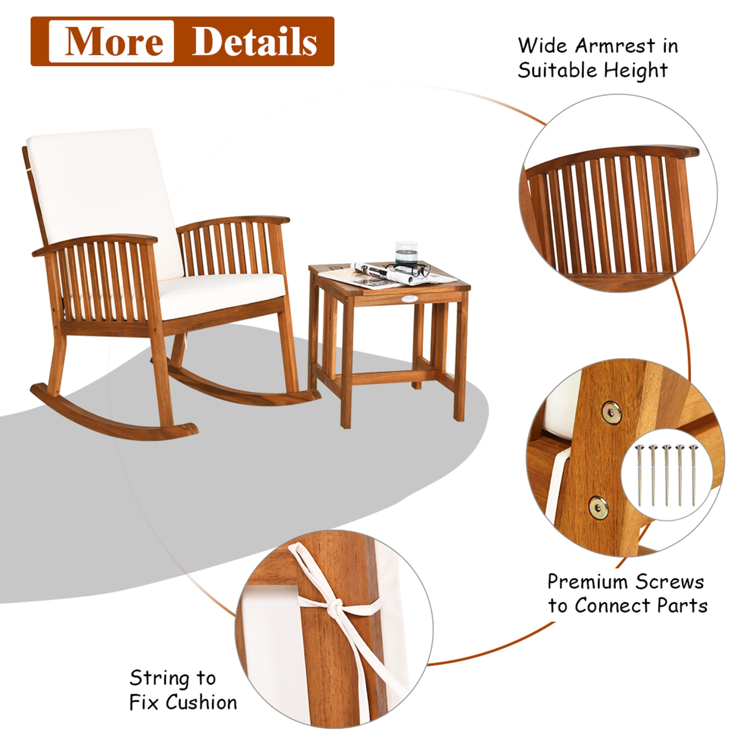 Costway 2PCS Acacia Wood Patio Rocking Chair Set Cushioned Coffee Table
