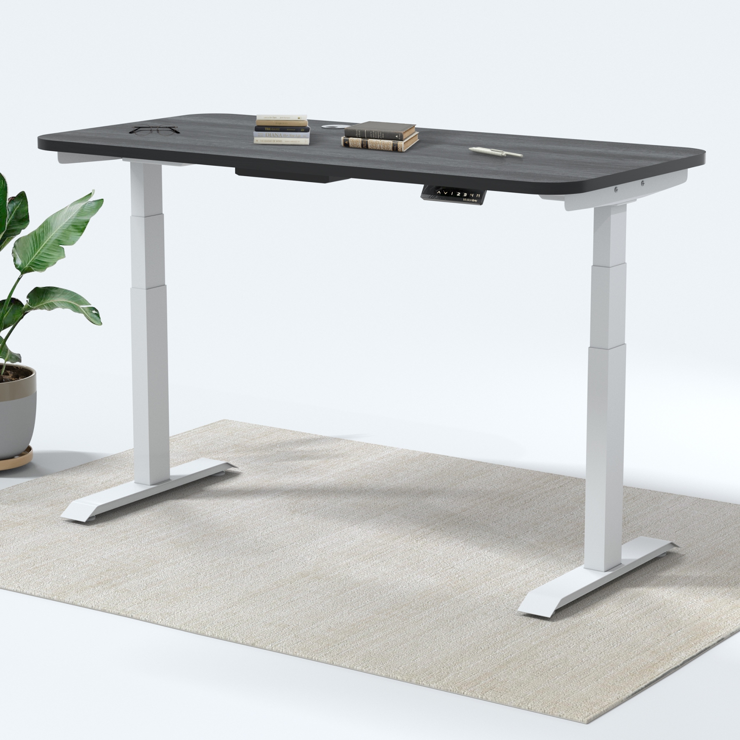MotionGrey Height Adjustable German Electric Dual Motors Sit to Stand Computer Home Table and Office Standing Desk- White Frame with Tabletop