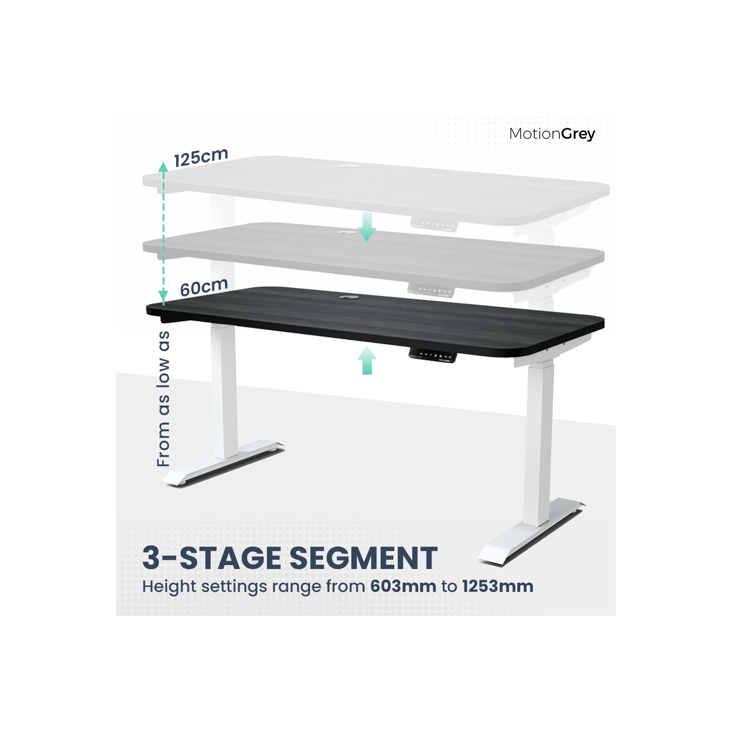 MotionGrey Height Adjustable German Electric Dual Motors Sit to Stand Computer Home Table and Office Standing Desk- White Frame with Tabletop