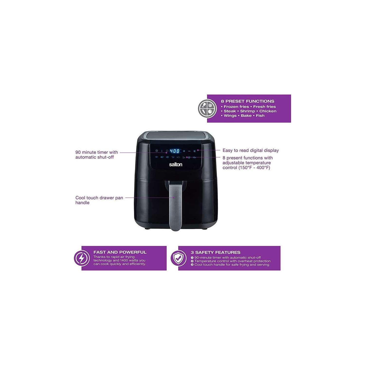 Salton - Digital Air Fryer XL, 5L Capacity, 1400W, with 8 Preset Functions, Black