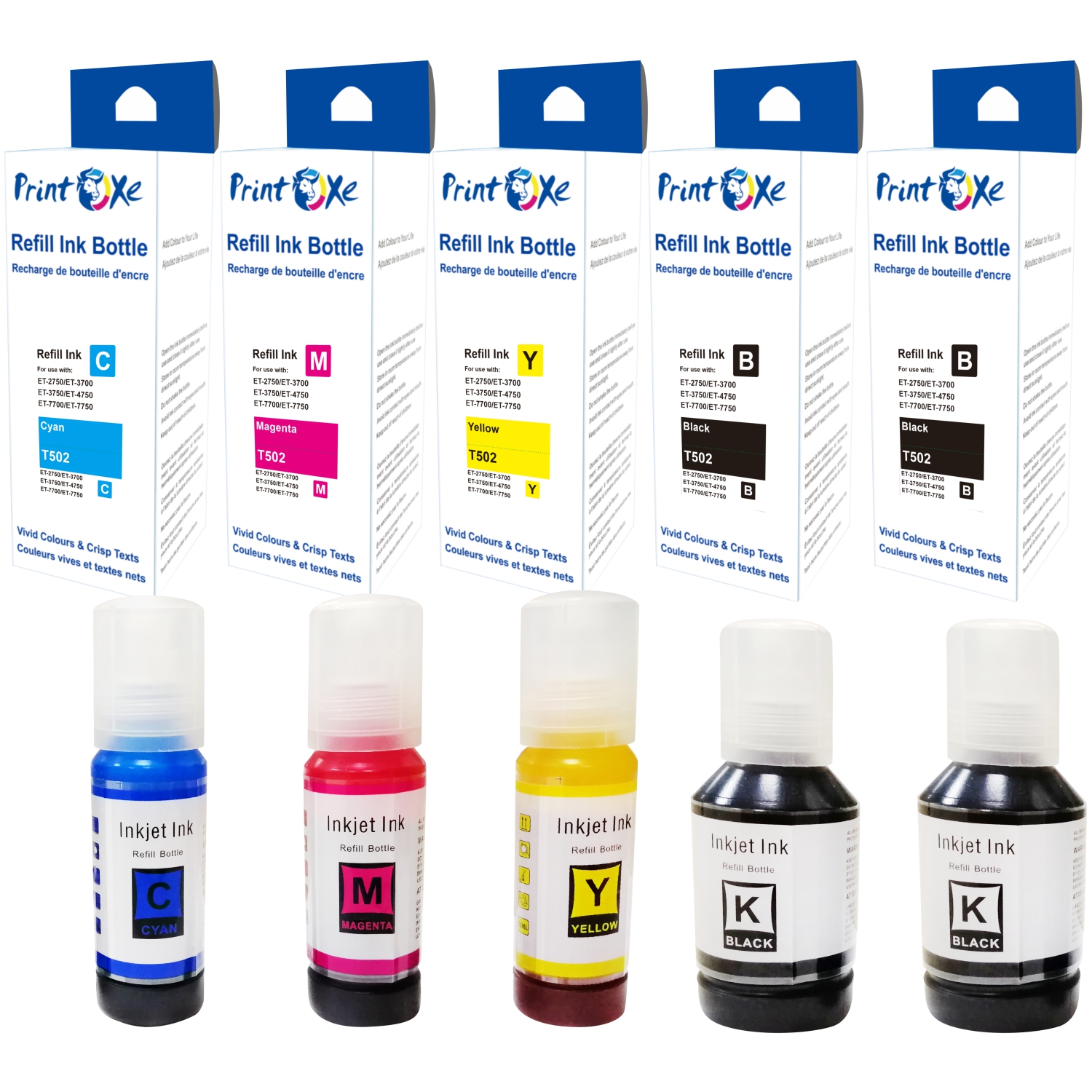 PRINTOXE® T502 Compatible Ink Refill 5 Bottles of Set plus Black 502 ; T502120 (Pigment) T502220 T502320 T502420 For Epson EcoTank Expression