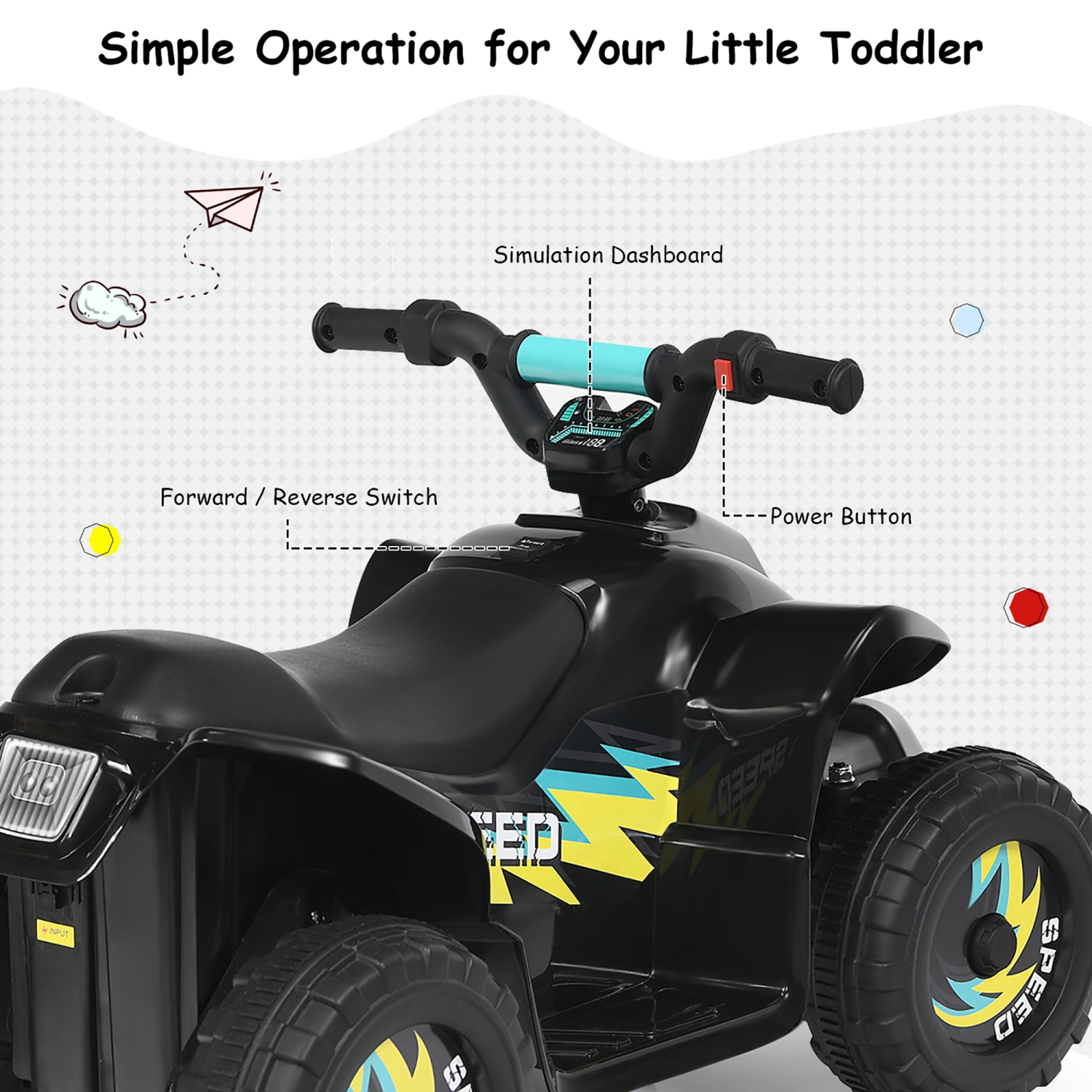 Jouet porteur électrique de 6 V pour enfants ATV 4 de Costway avec roues pour jeunes enfants, avant et arrière