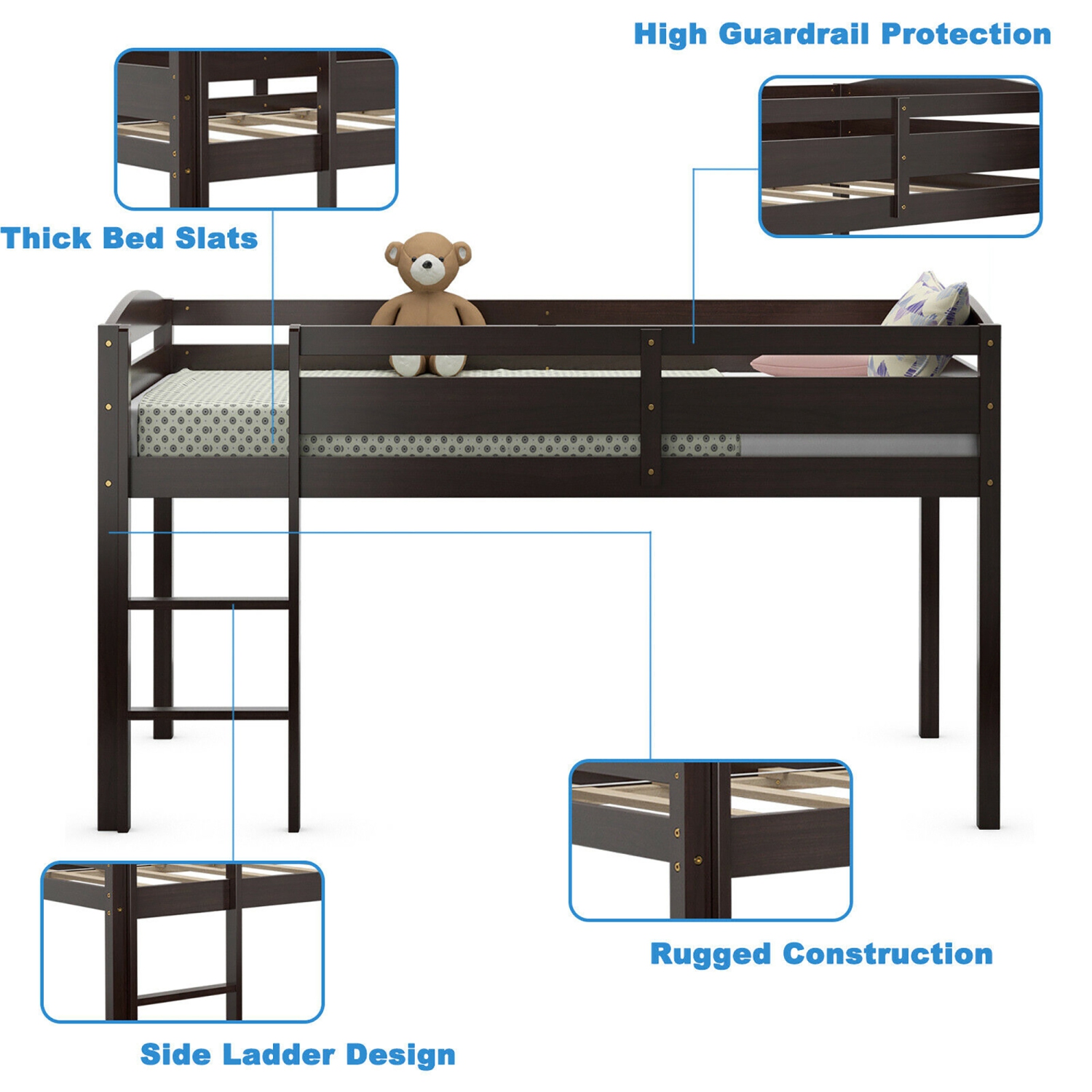 Costway Twin Low Loft Bunk Junior Bed Bedroom Wooden Guard Rail Ladder
