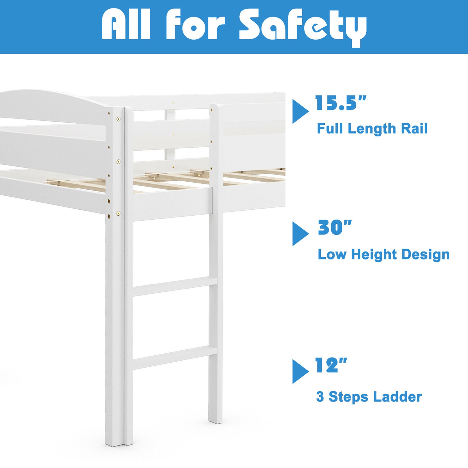 Costway Twin Low Loft Bunk Junior Bed Bedroom Wooden Guard Rail Ladder