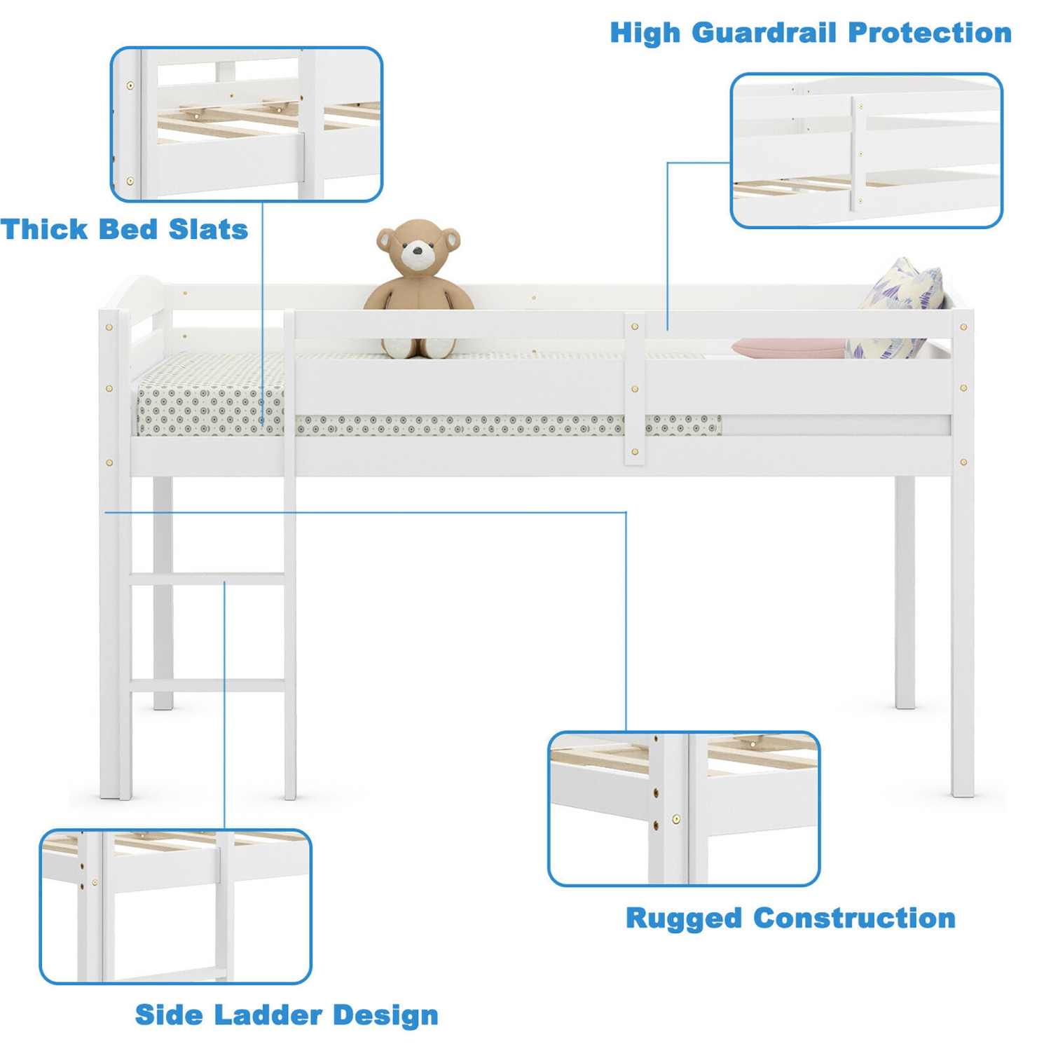 Costway Twin Low Loft Bunk Junior Bed Bedroom Wooden Guard Rail Ladder