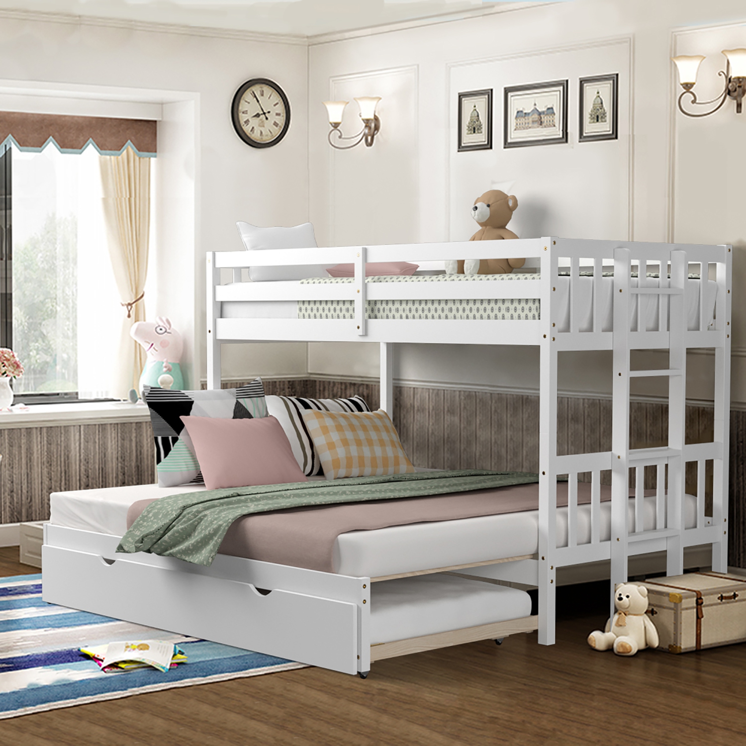 Costway Twin Over Twin Pull-Out Bunk Bed with Trundle Wooden Ladder