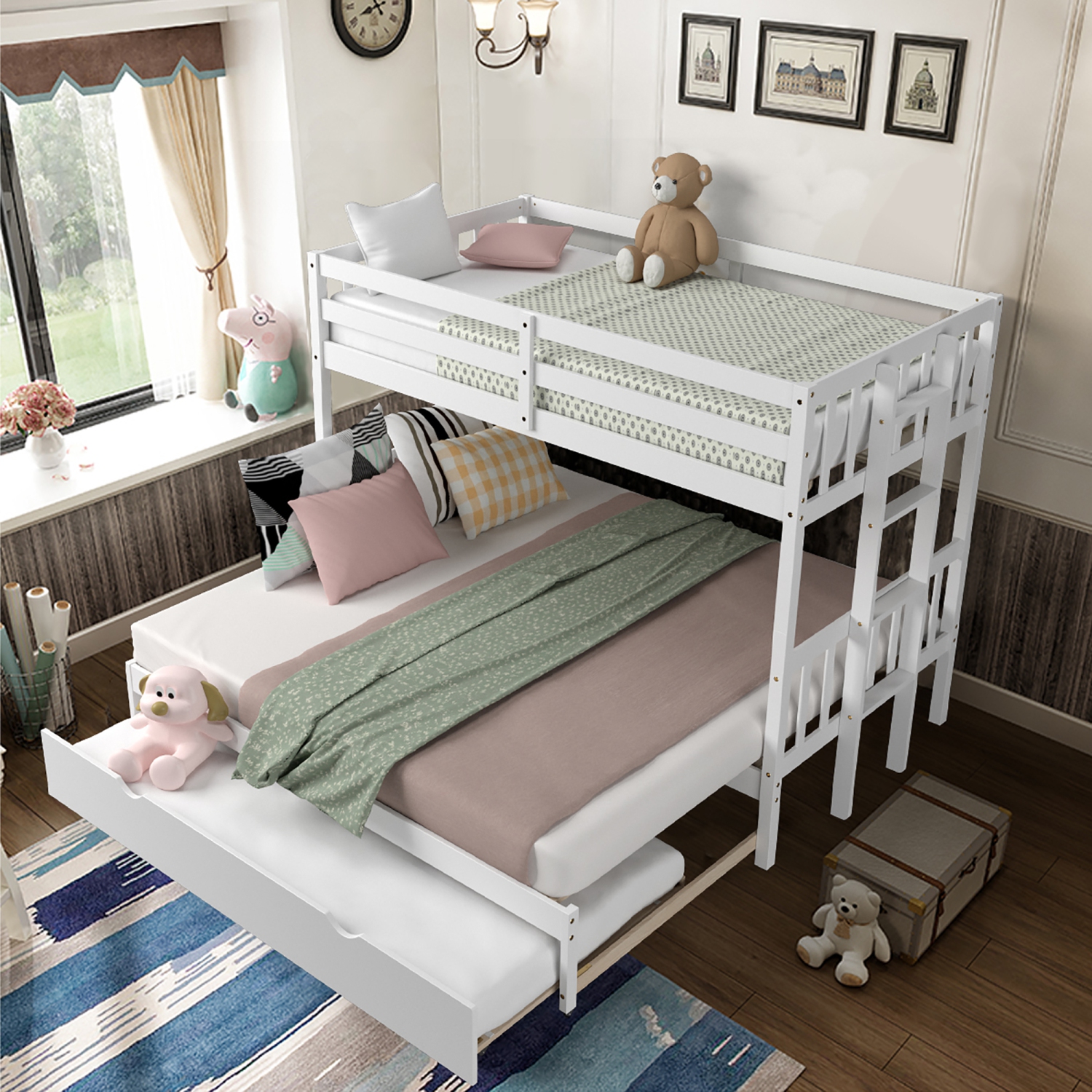Costway Twin Over Twin Pull-Out Bunk Bed with Trundle Wooden Ladder