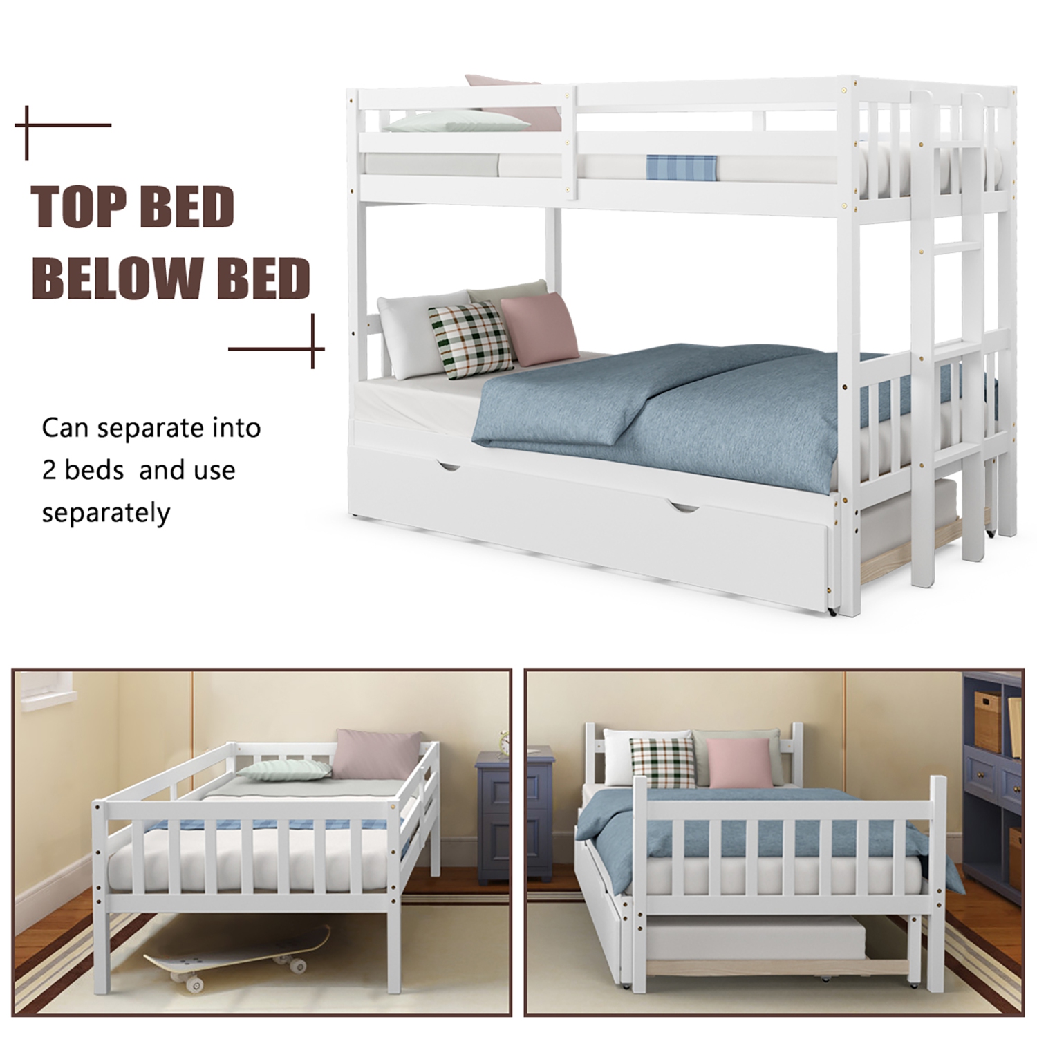 Costway Twin Over Twin Pull-Out Bunk Bed with Trundle Wooden Ladder