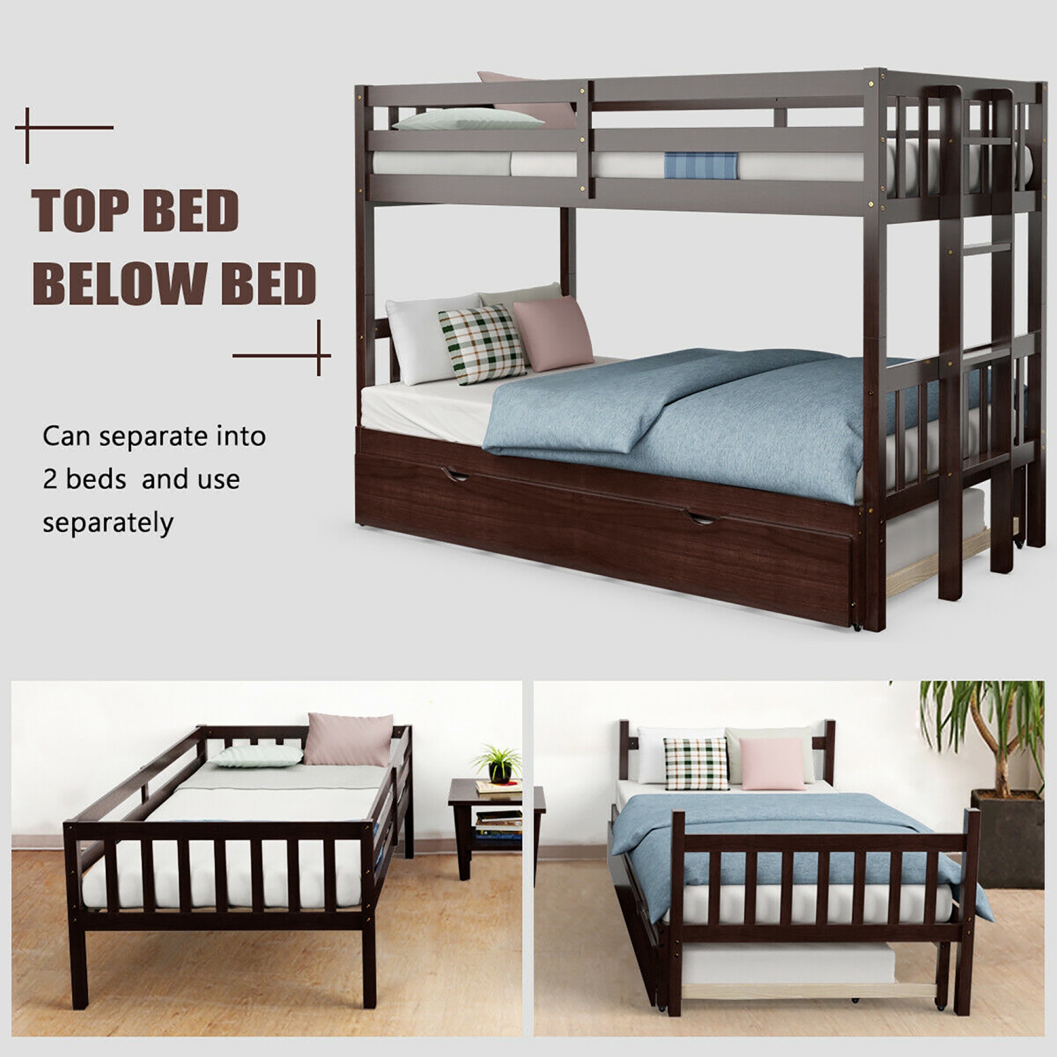 Costway Twin Over Twin Pull-Out Bunk Bed with Trundle Wooden Ladder